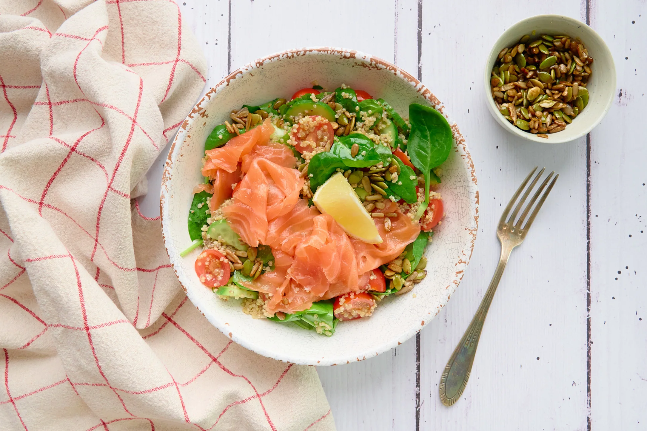 Superfood Salad with Smoked Salmon and Lemon Chia Dressing