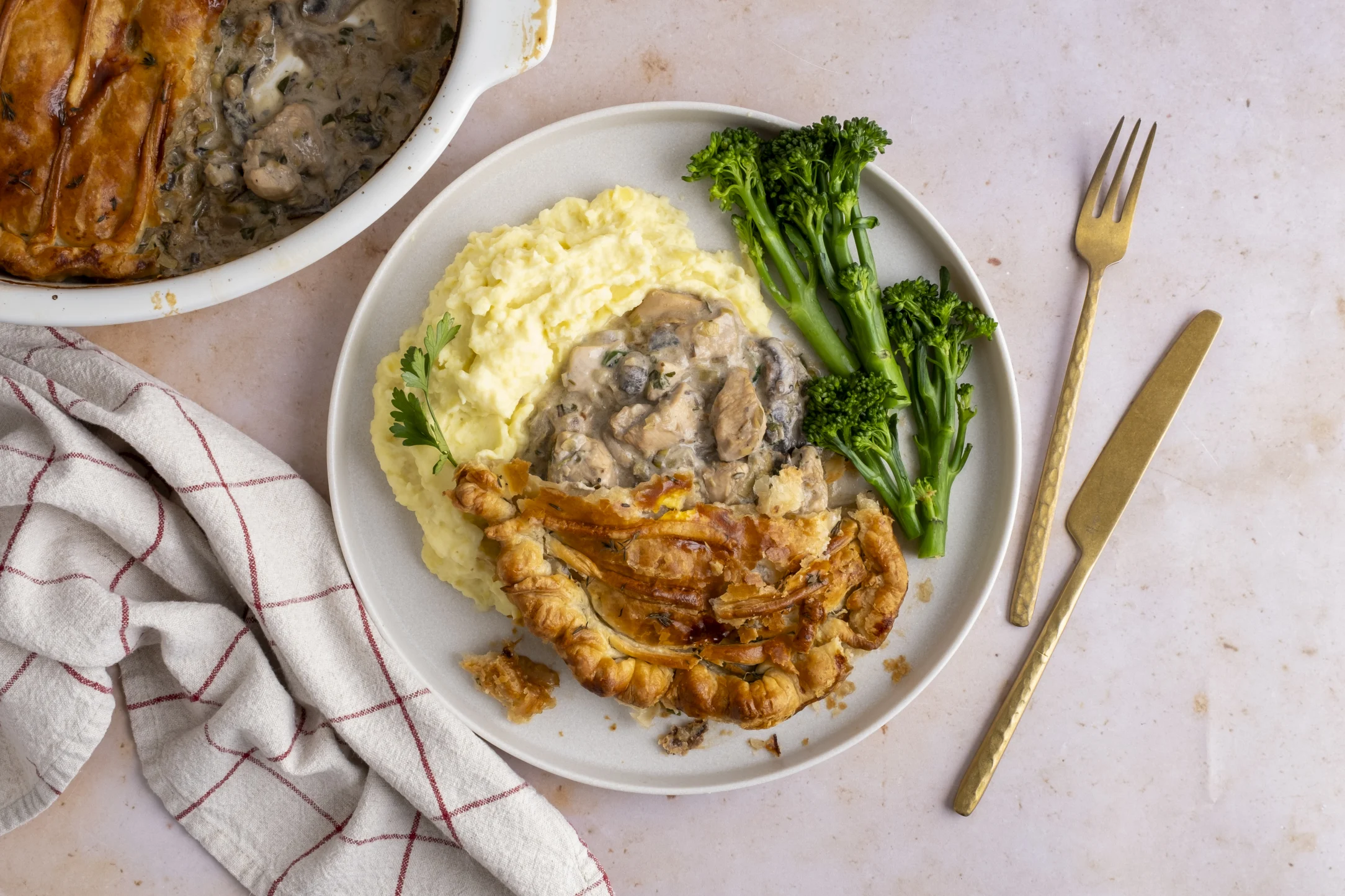 Chicken, Mushroom and Leek Puff Pastry Pie with Mash and Broccoli