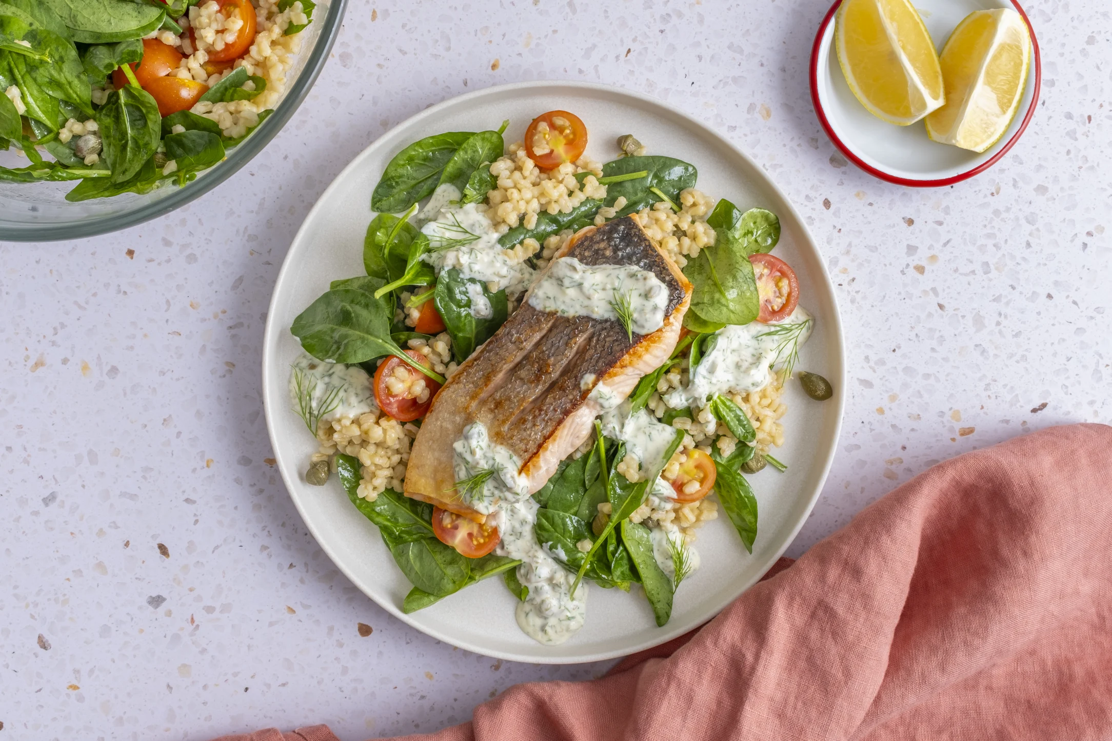 Caper-Dill Salmon with Pearl Barley Salad, Cherry Tomatoes and Spinach