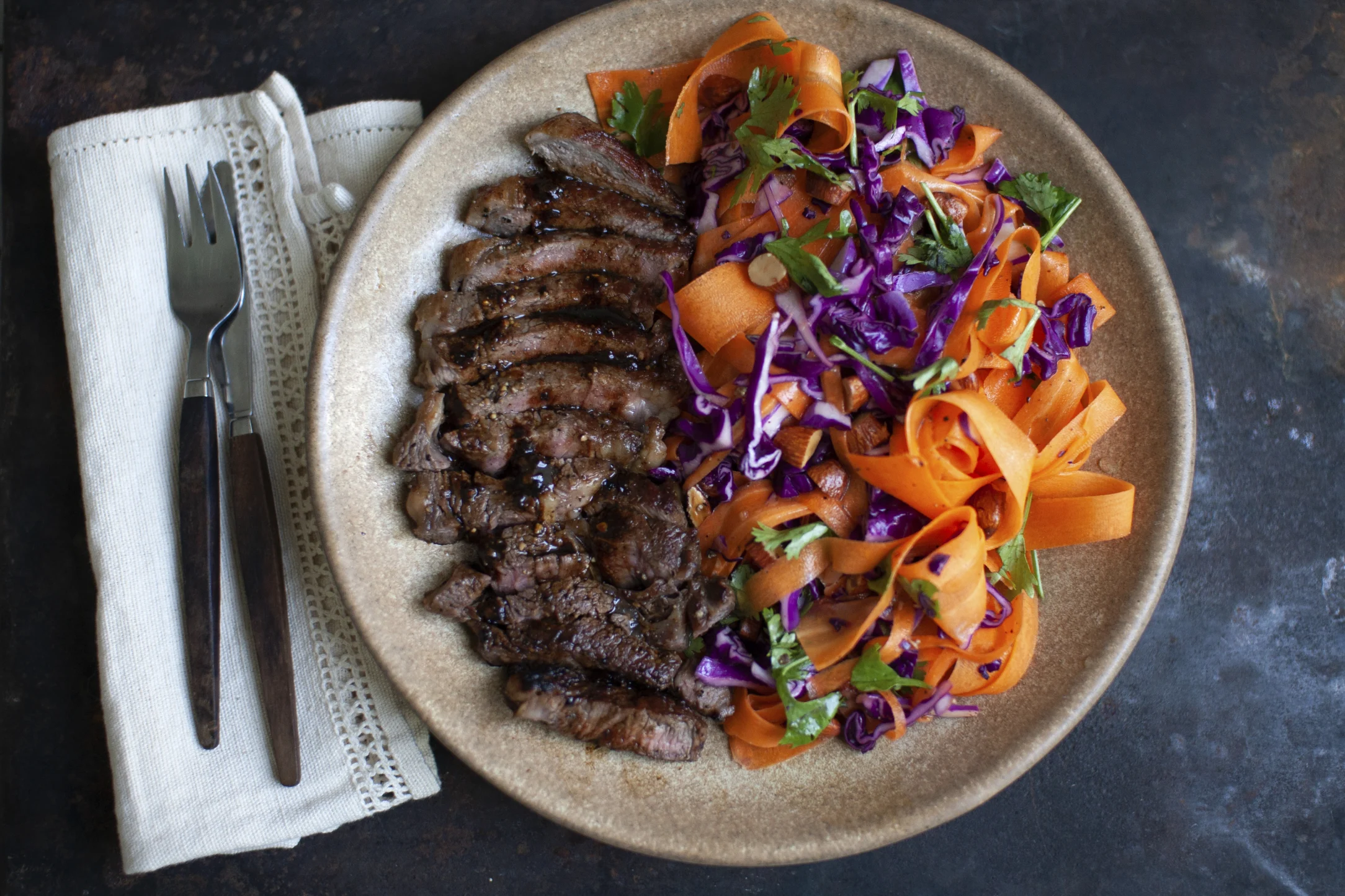Miso Glazed Rib Eye Steak with Crunchy Salad