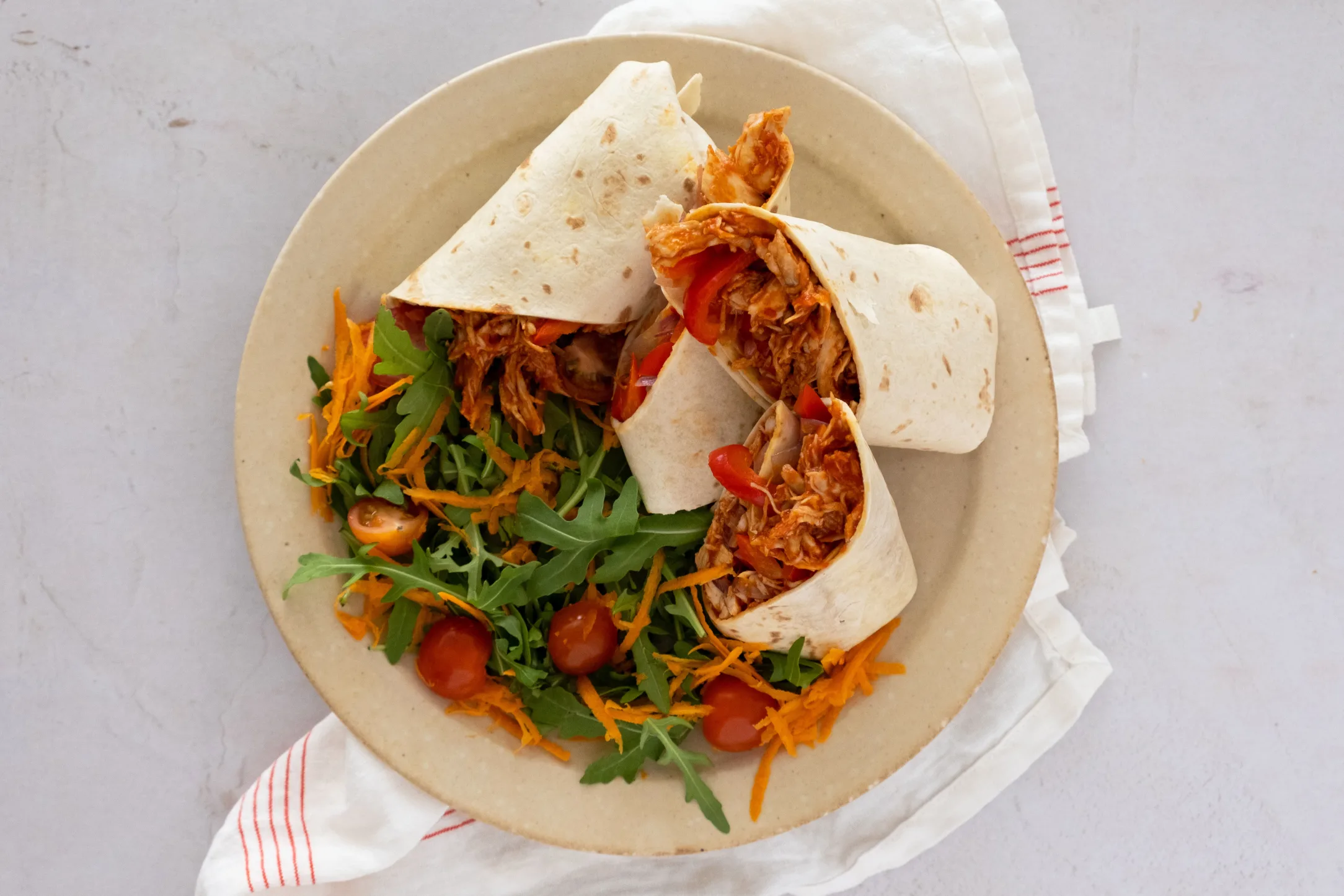 Barbecue Pulled Chicken Wraps with Rocket Salad