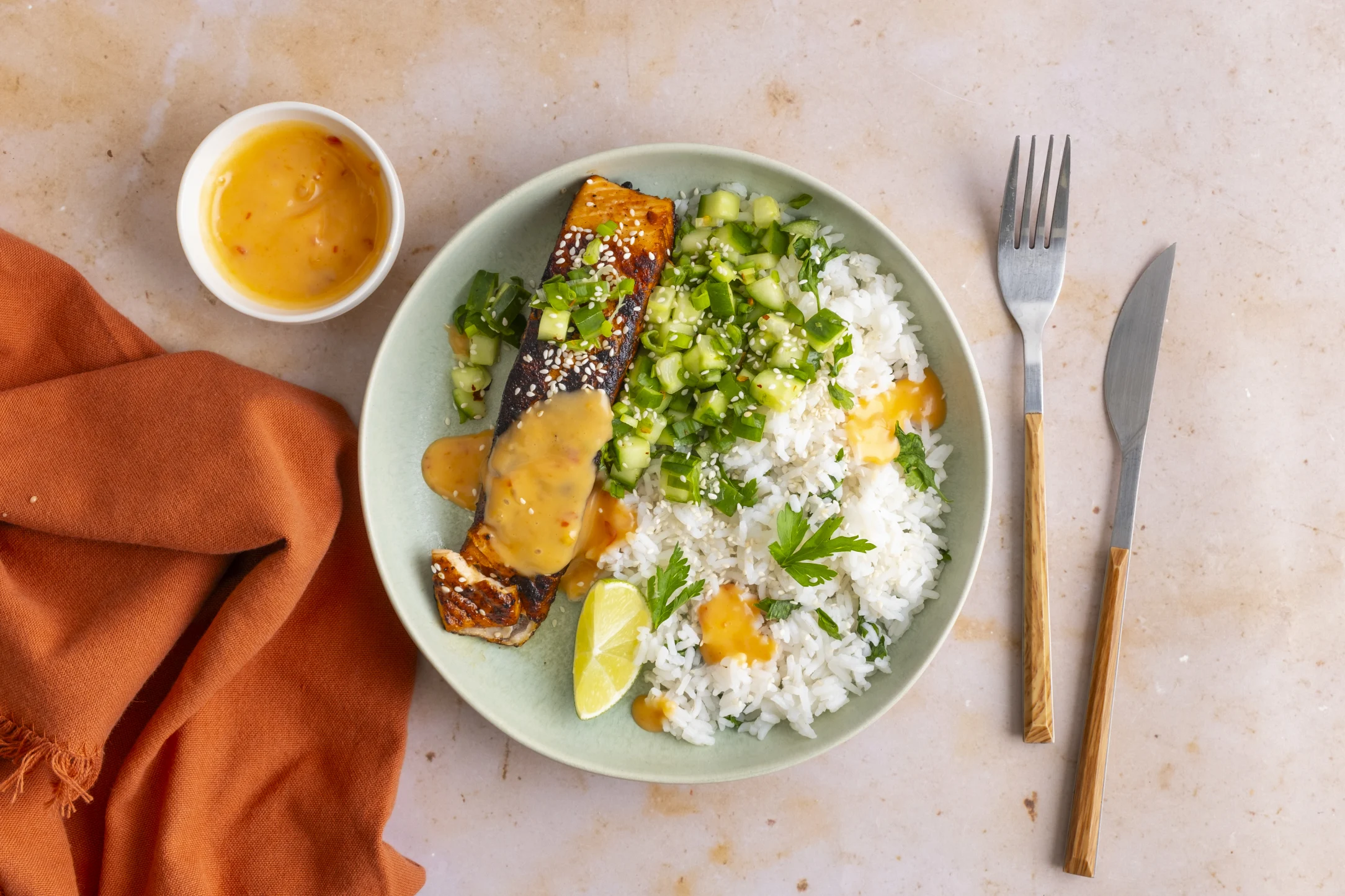 Salmon and Coriander Rice Bowl with Chilli Lime Cucumber Salsa and Bang Bang Sauce