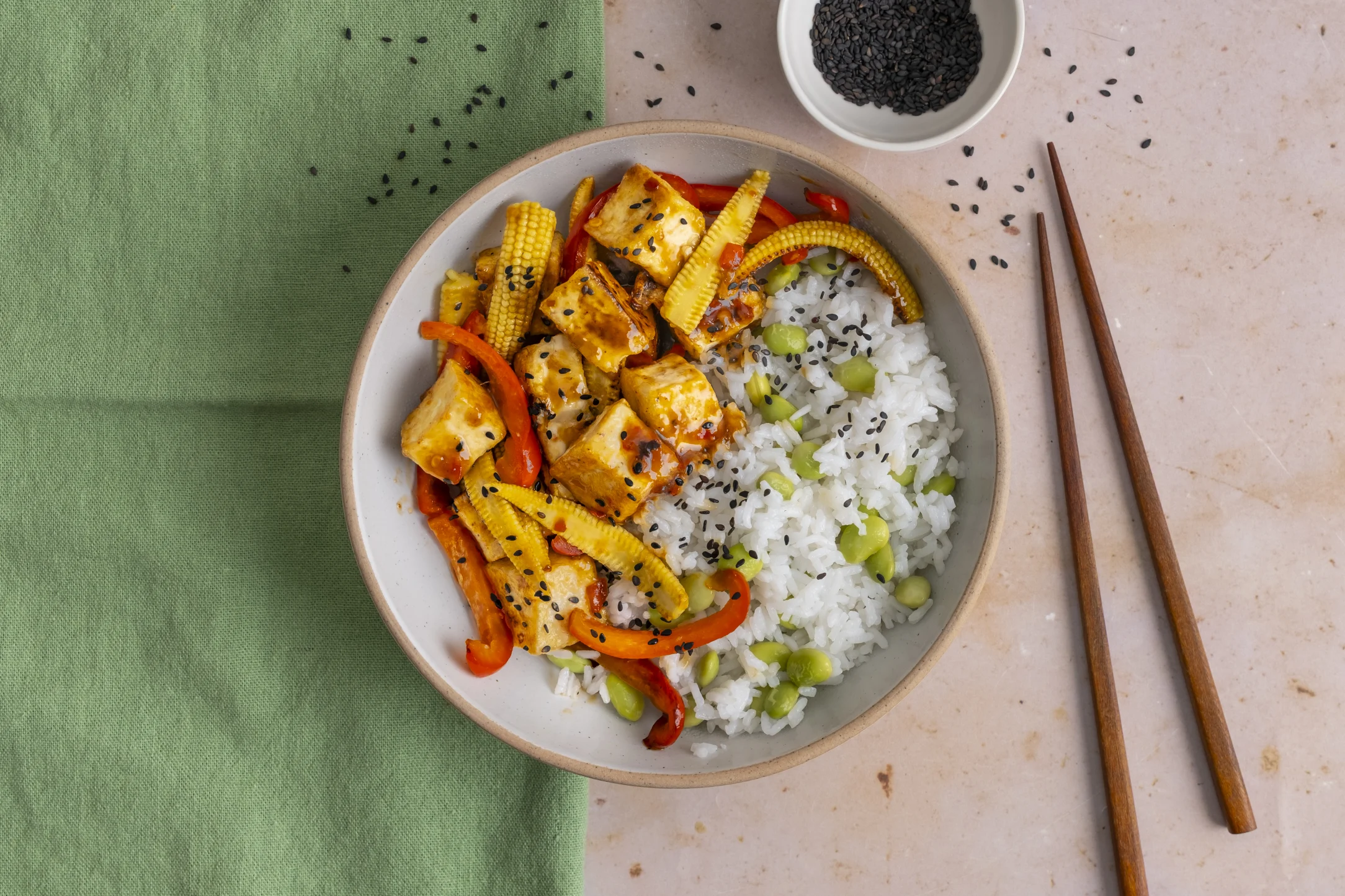 Sweet Chilli Tofu and Mixed Vegetables Stir-fry with Edamame Rice