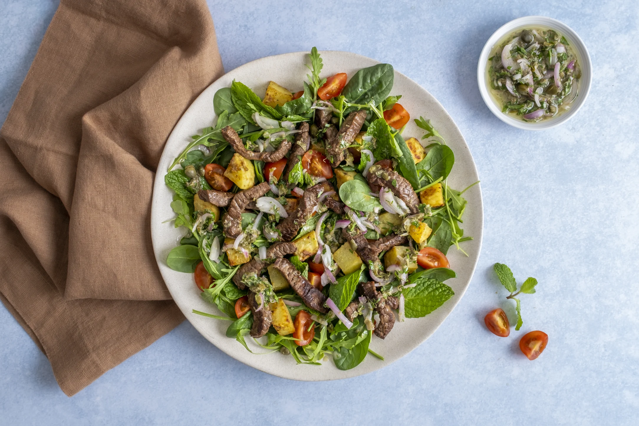 Warm Steak Salad with Roasted Potato and Caper Salsa Verde