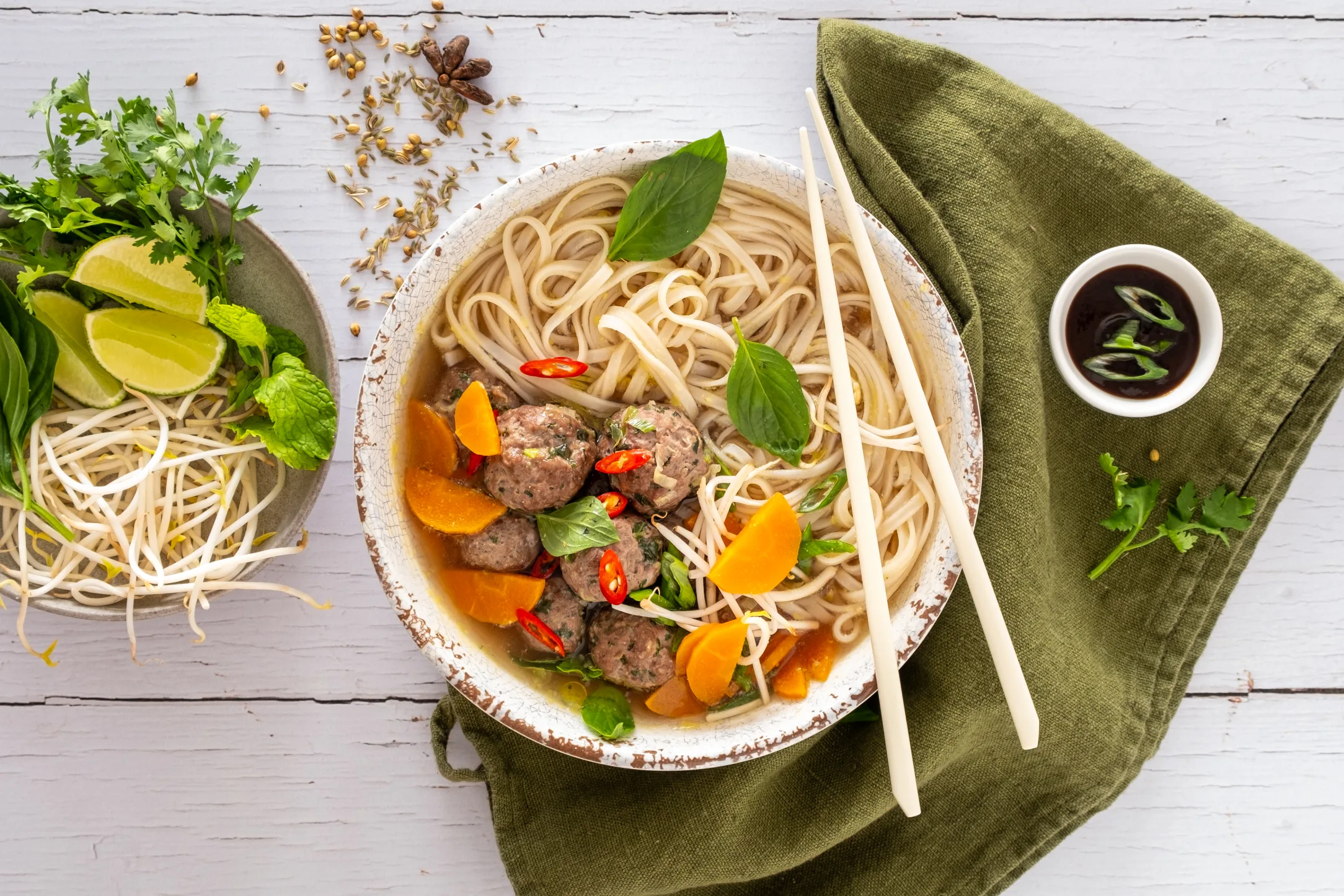 Vietnamese Beef Meatball Pho Soup with Rice Noodles and Toppings