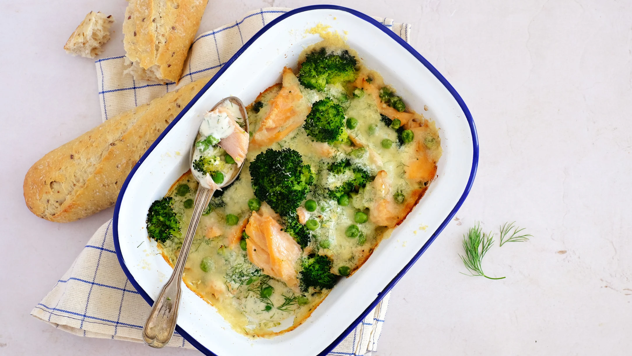 Quick and Cheesy Salmon Bake with Broccoli and Peas