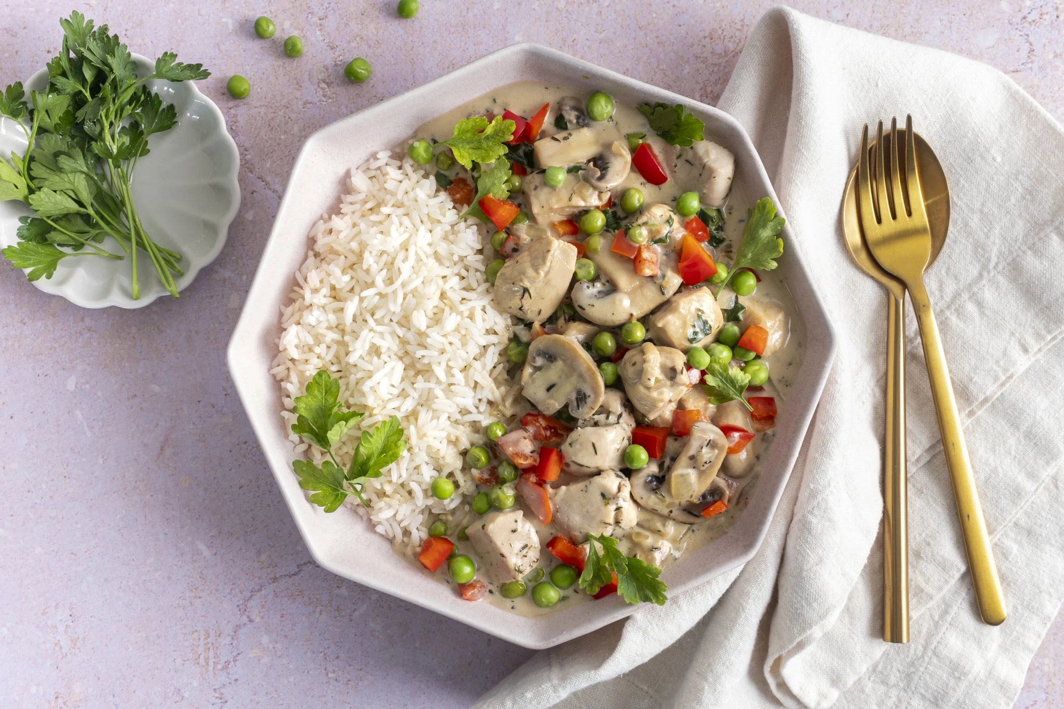 One-Pot Creamy Chicken à la King with Mushrooms and Red Peppers served with Rice