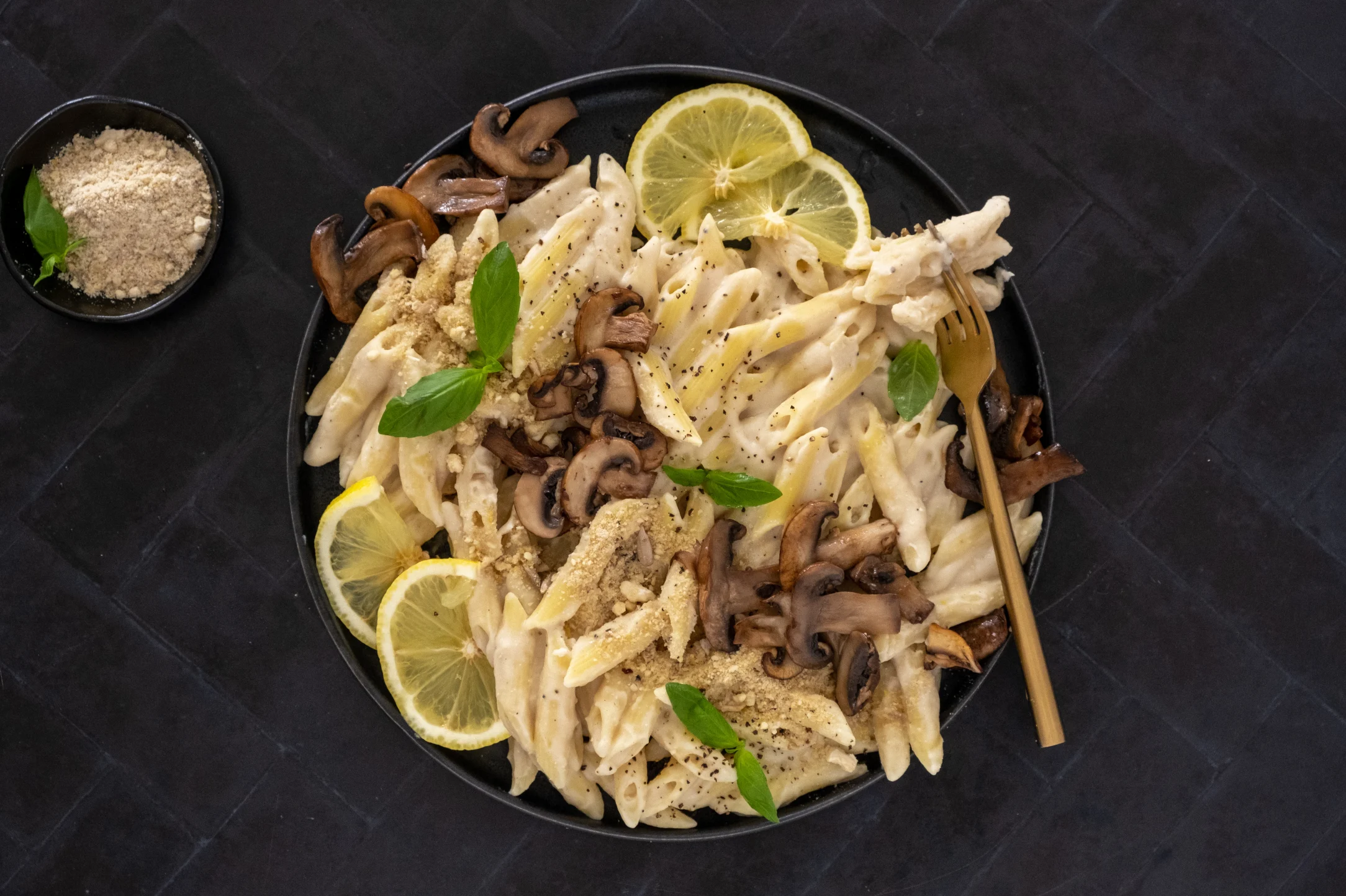 Creamy Pasta with Homemade Vegan 'Parmesan' and Mushrooms