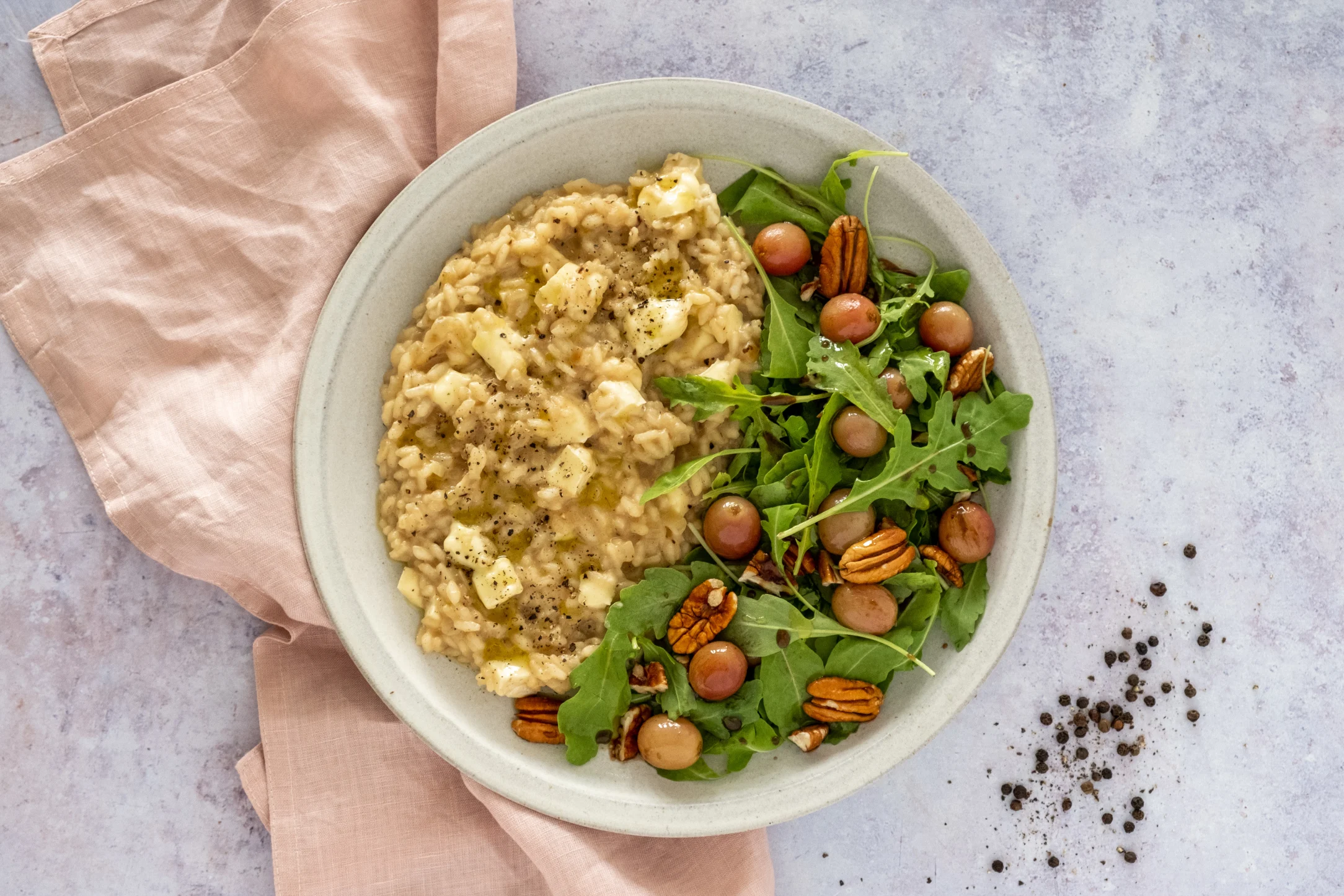 Brie and Black Pepper Risotto with Slow Cooked Grape and Pecan Salad