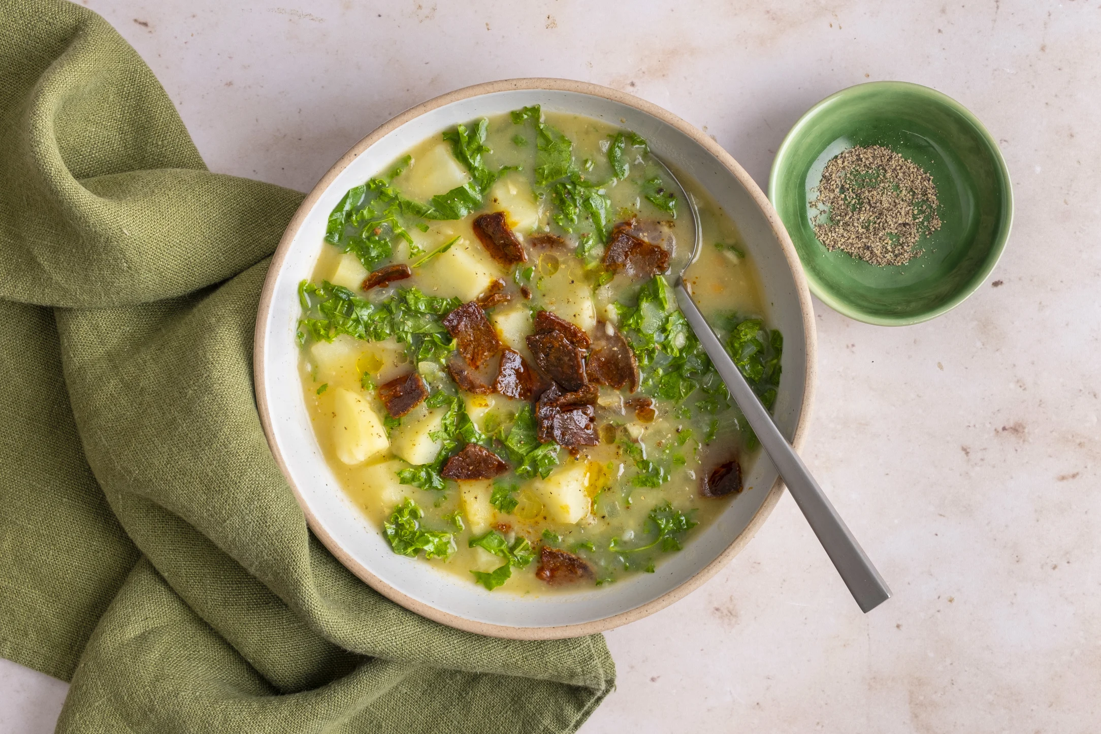Creamy Potato and Kale Soup with Spiced Beef Chorizo