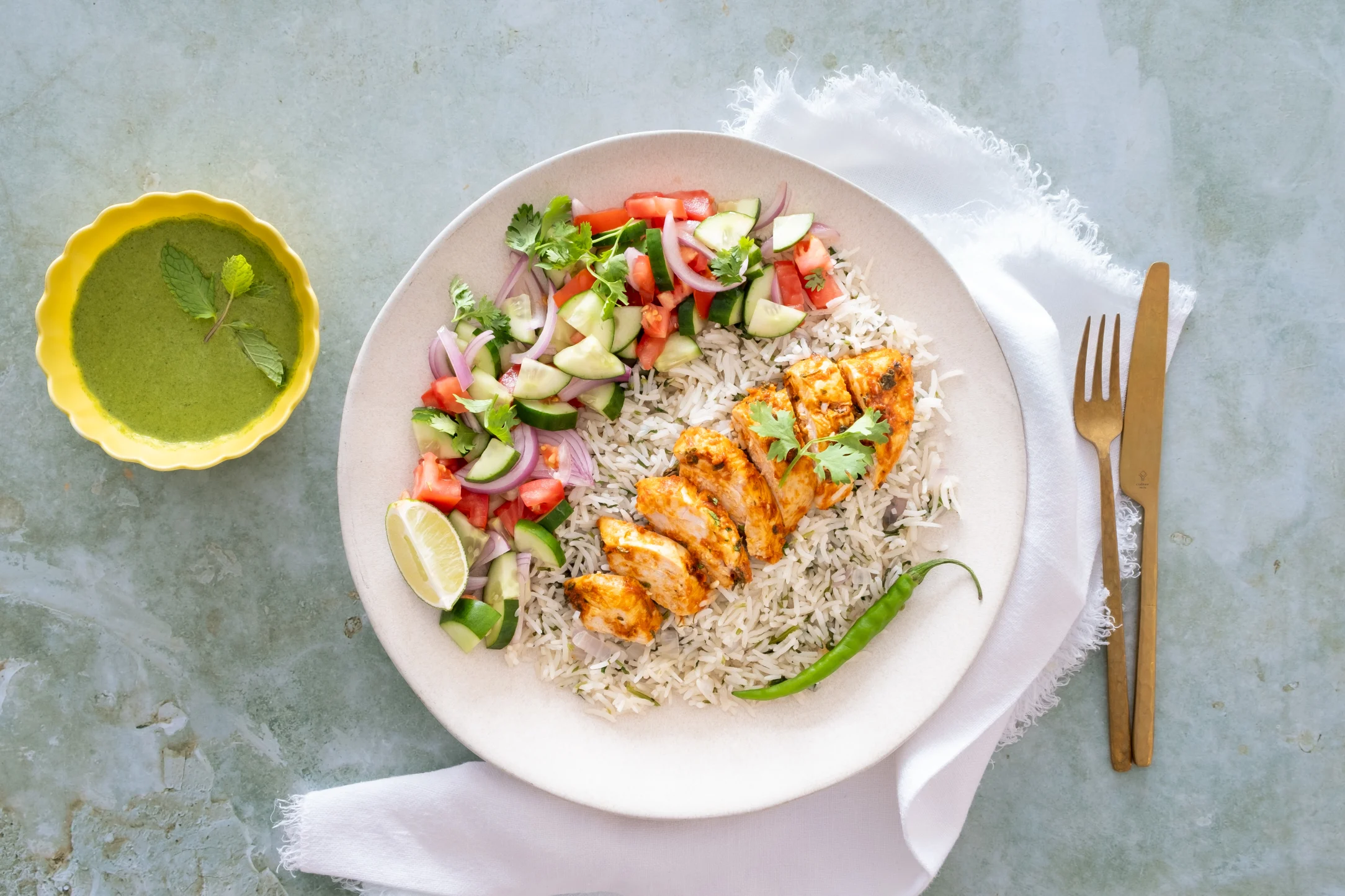 Tandoori Chicken and Coriander Rice with Kachumber and Mint Chutney