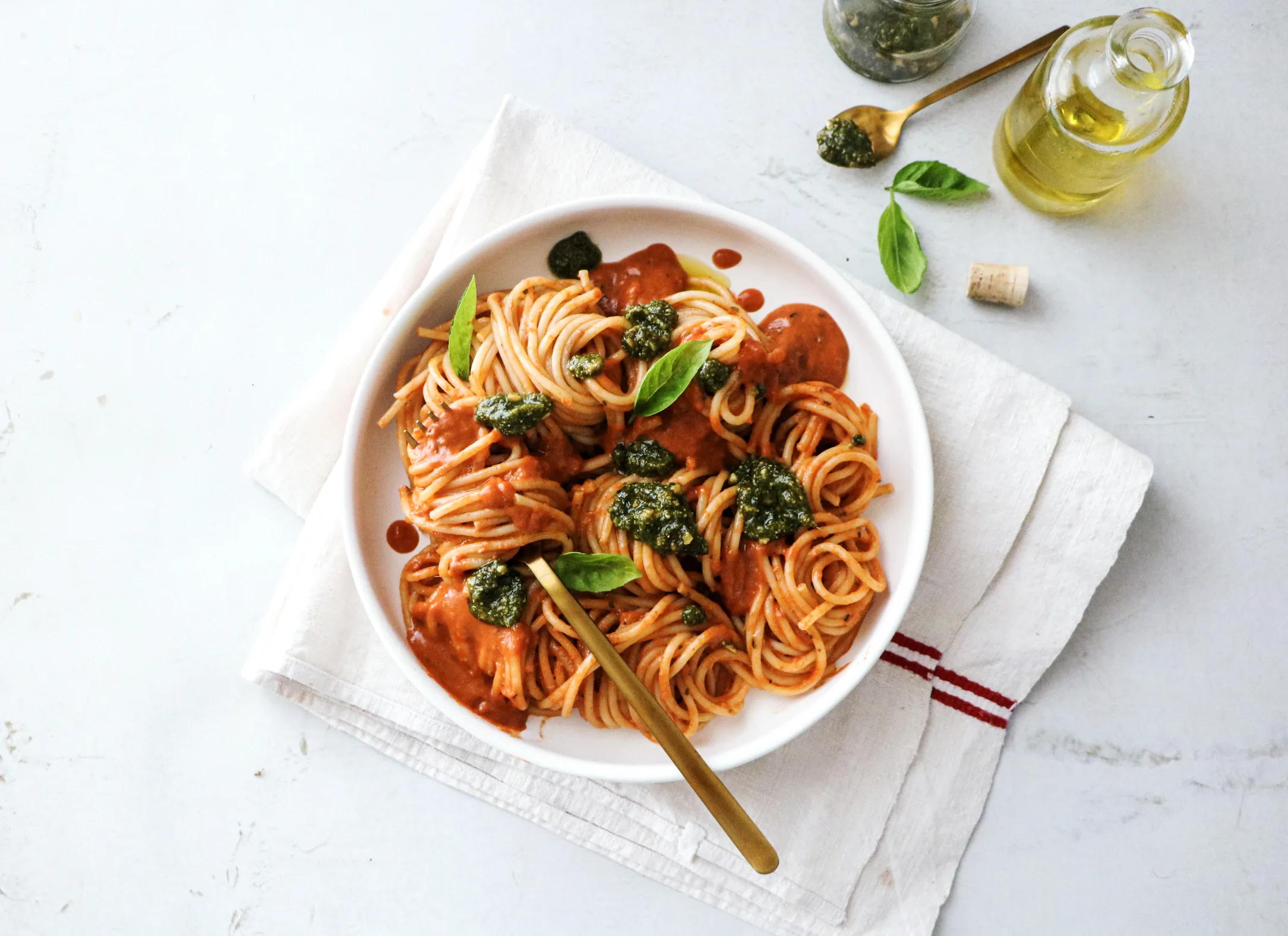 Spaghetti in Creamy Tomato Sauce with Pesto
