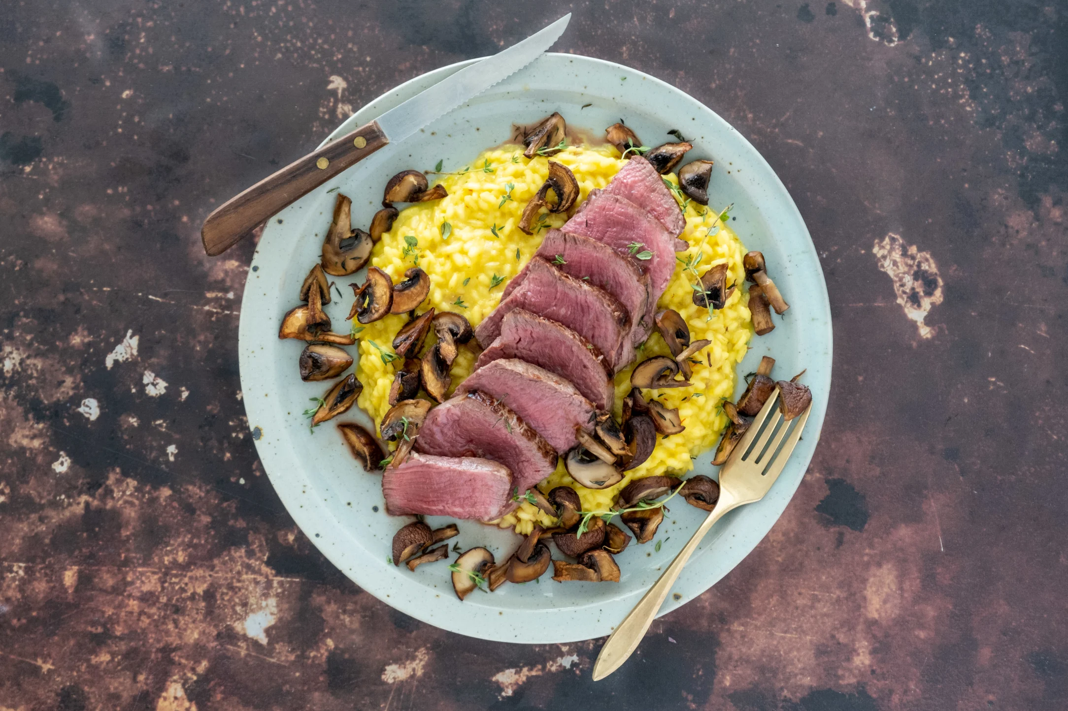 Tenderloin Fillet Steak with Saffron Risotto and Mushrooms