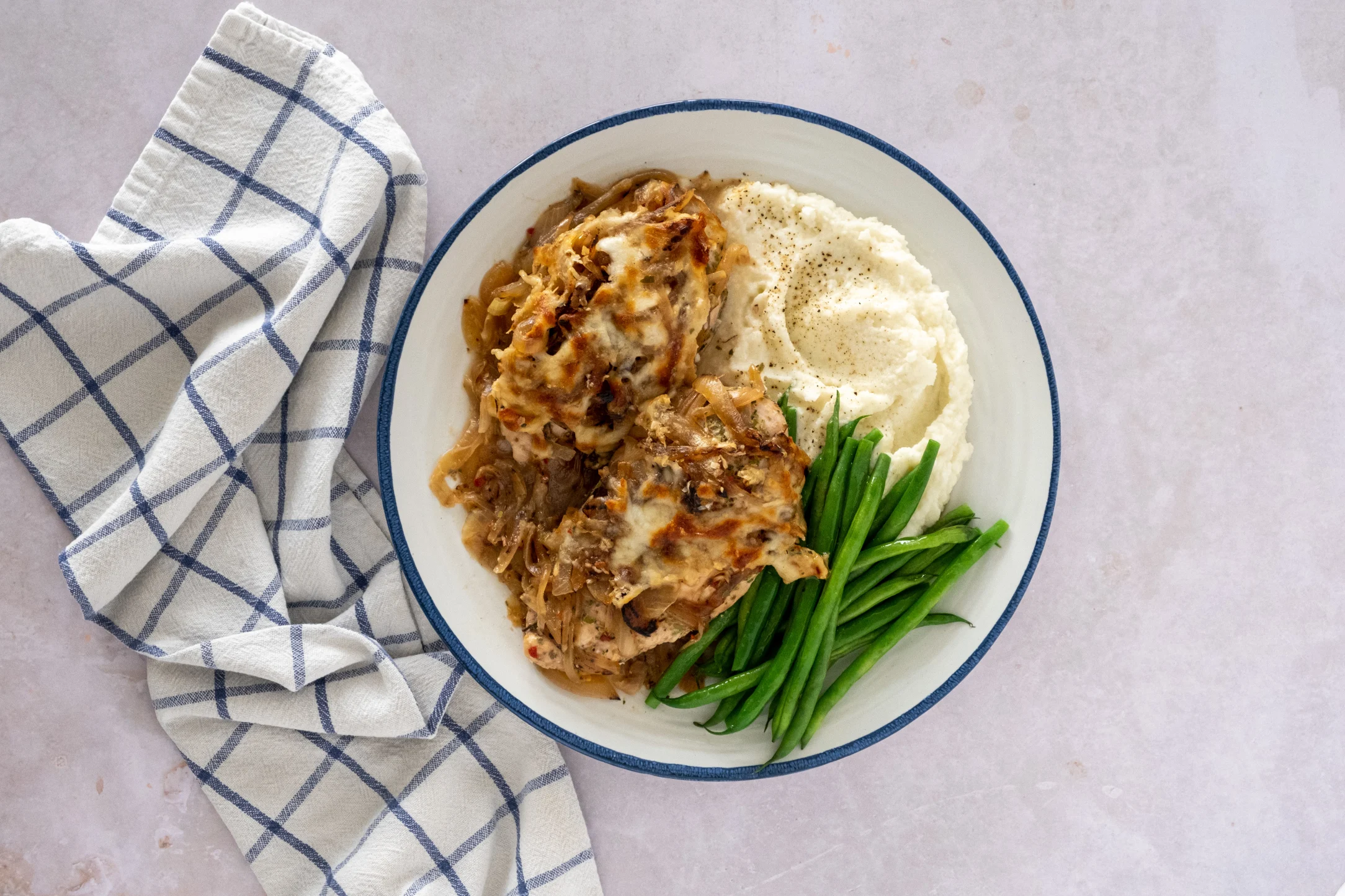 French Onion Chicken Bake with Cauli Puree and Green Beans