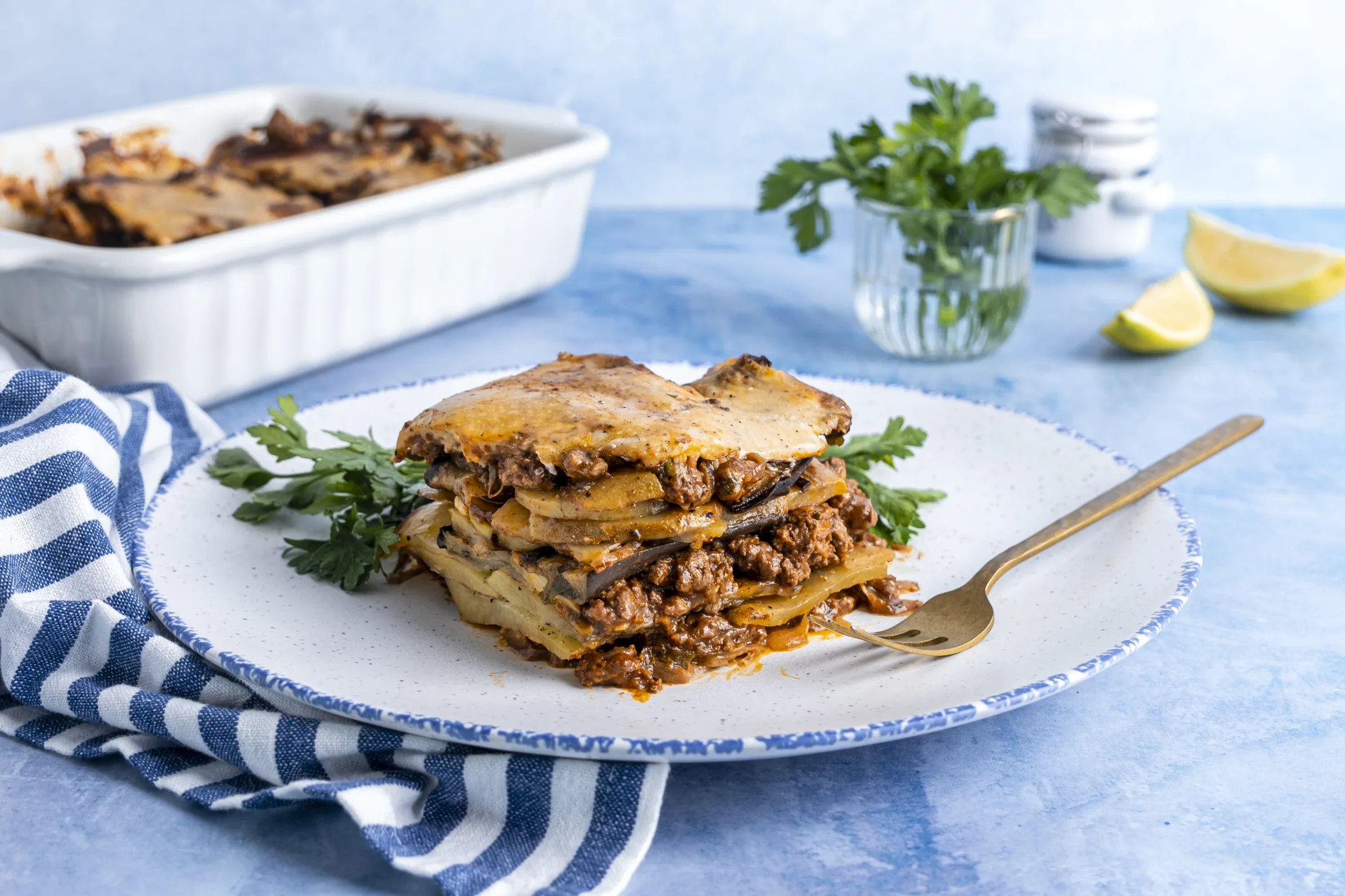 Greek Lamb Moussaka with Potatoes and Eggplant in Béchamel Sauce