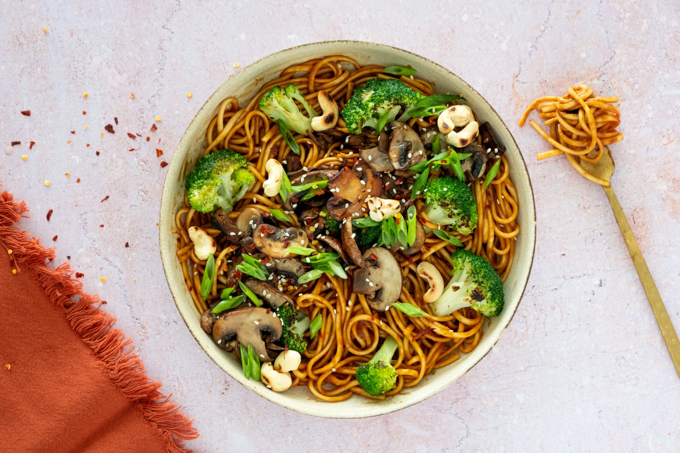 Stir-fried Sticky Ginger Sesame Noodles with Mushrooms and Broccoli