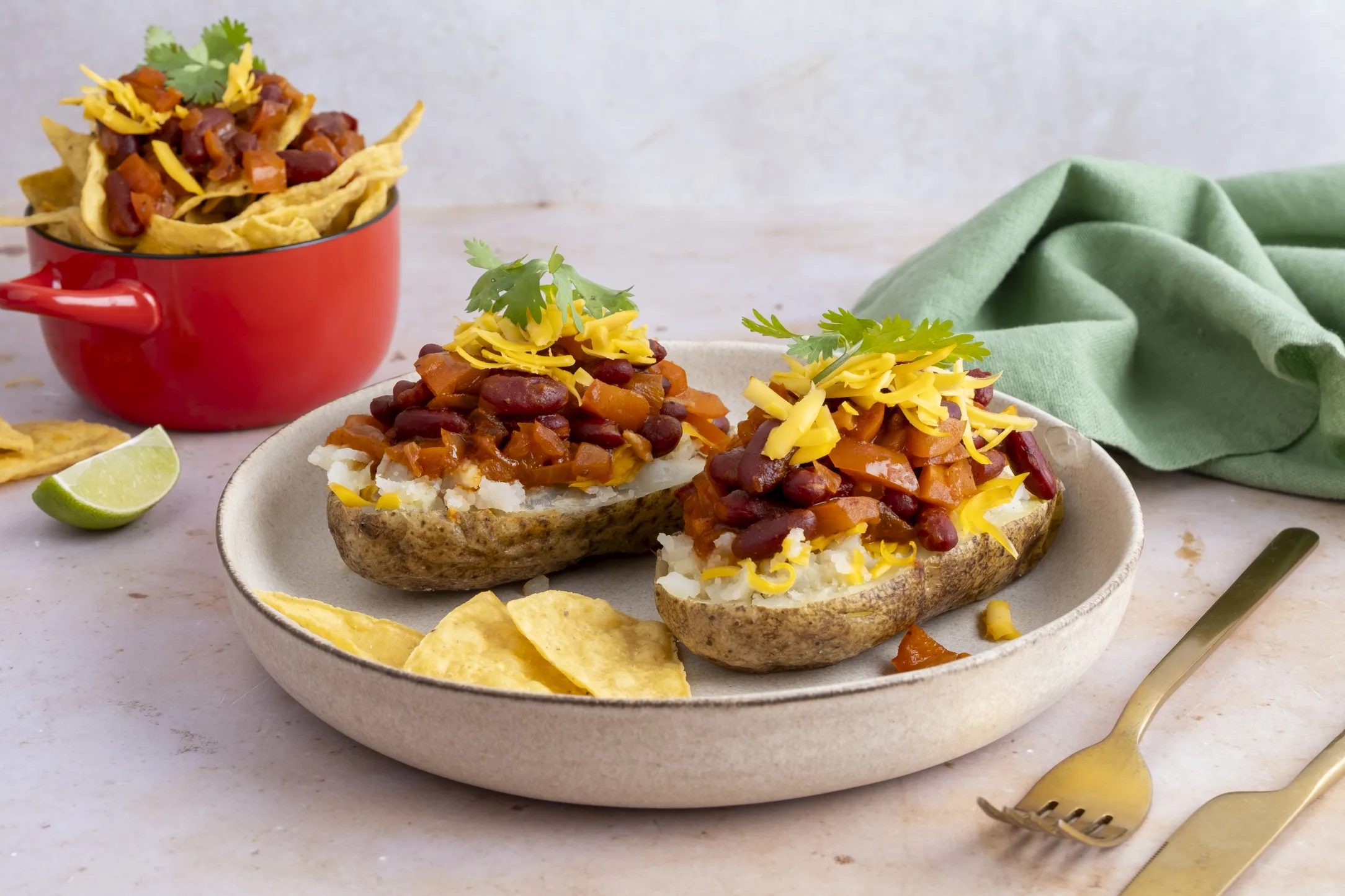 Vegan Chilli Jacket Potatoes with Cheddar