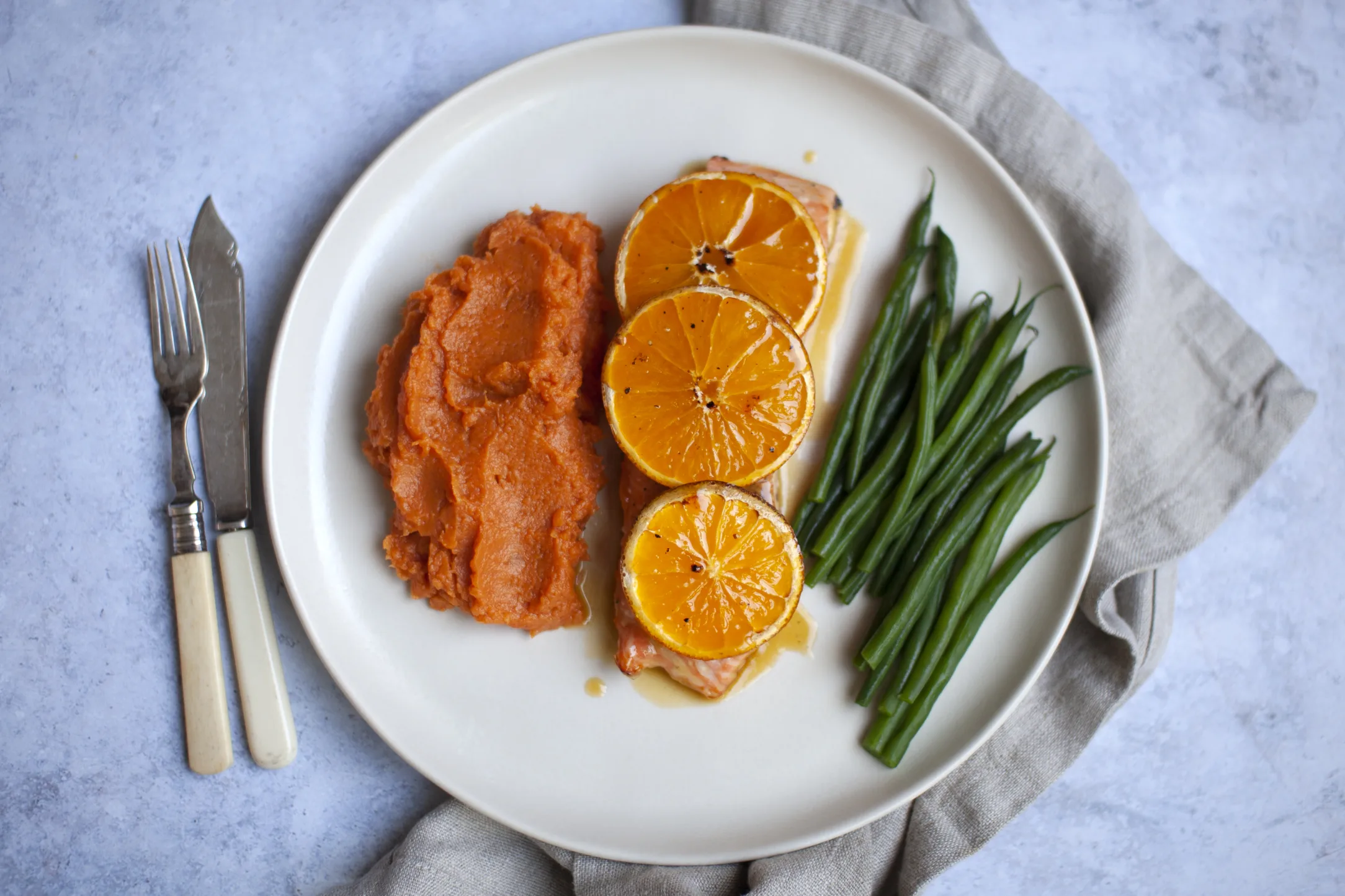 Orange Salmon with Sweet Potato Mash and Green Beans