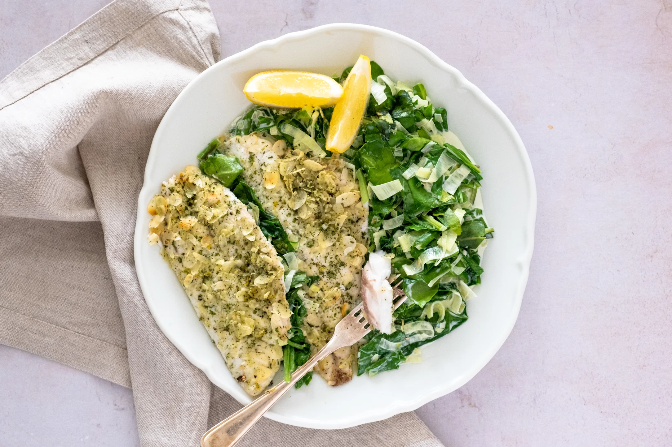 Almond and Lemon Crusted Seabream with Creamy Spinach and Spring Onion