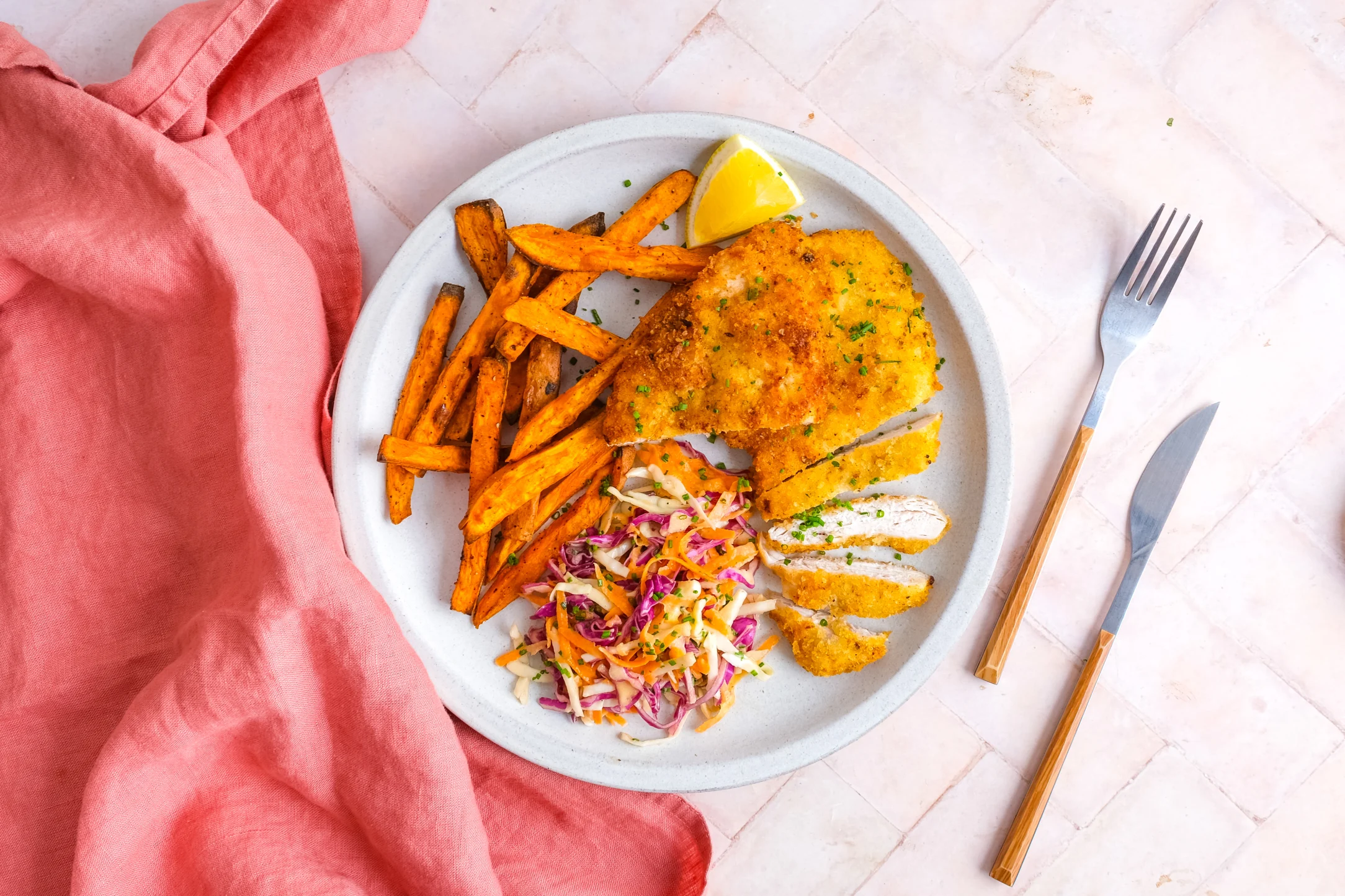 Crispy Parmesan Chicken with Coleslaw & Sweet Potato Wedges
