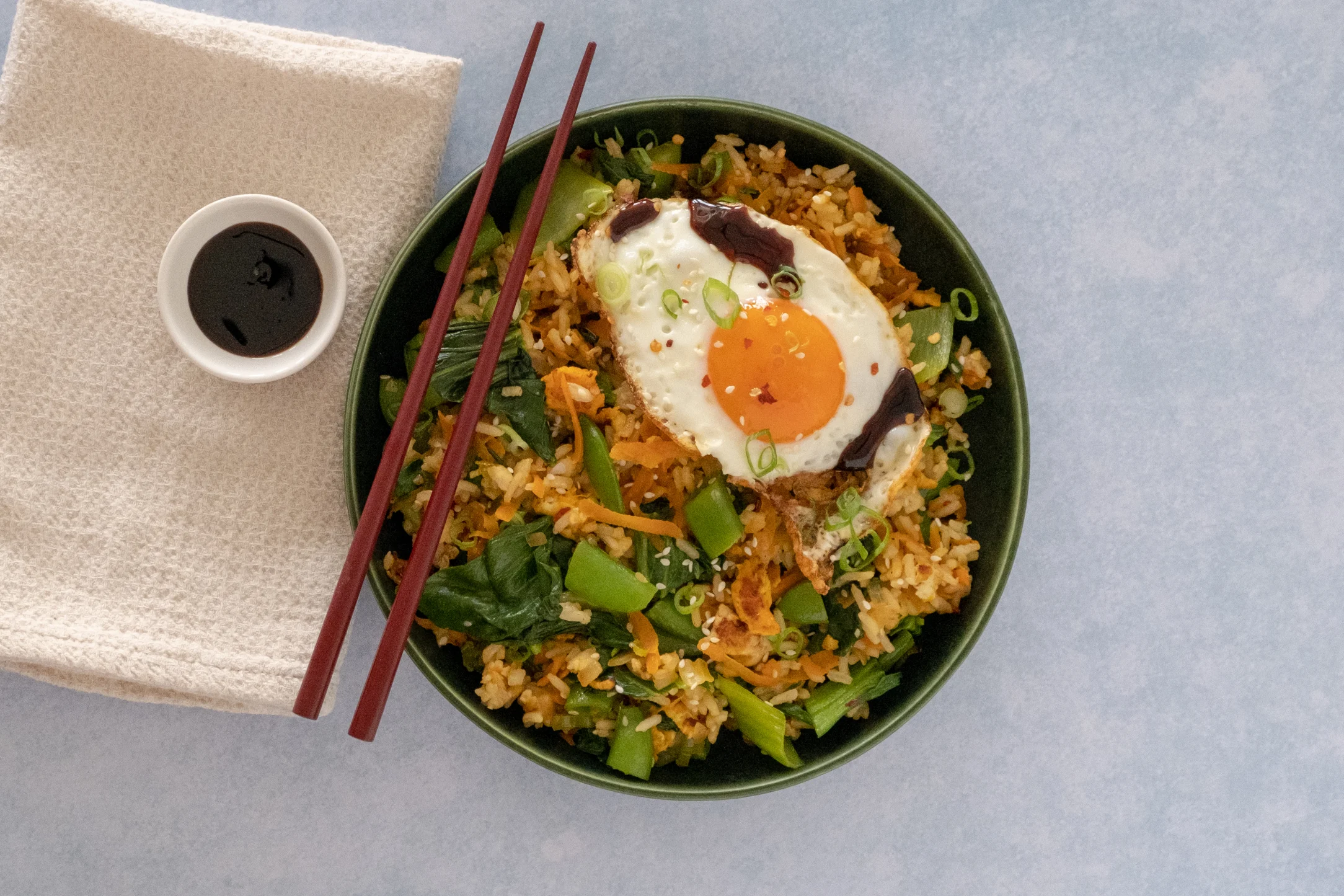 Nasi Goreng: Egg Fried Rice with Pak Choi and Sugar Snap Peas