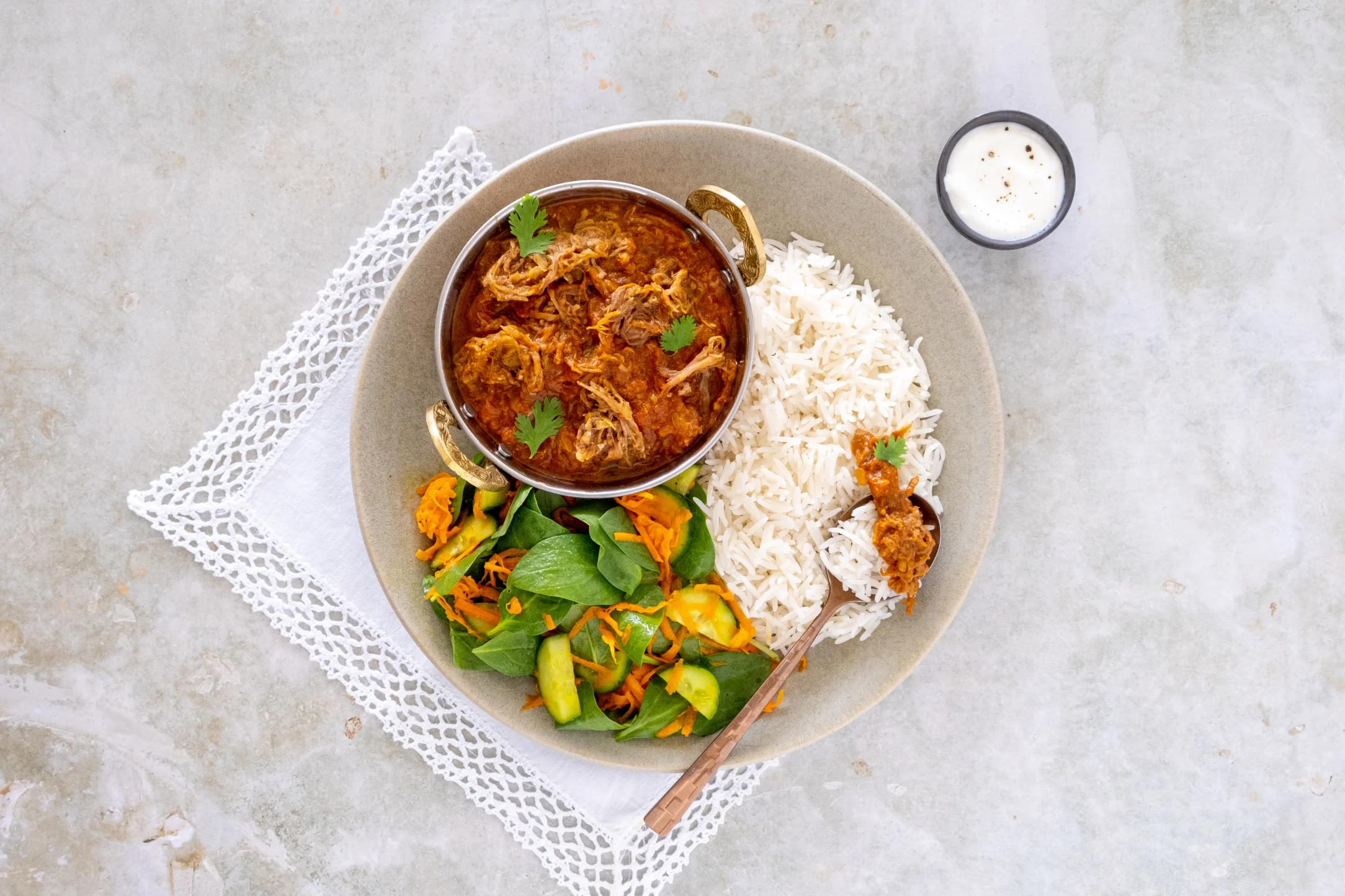 Madras Beef Curry with Basmati Rice and Spinach Salad