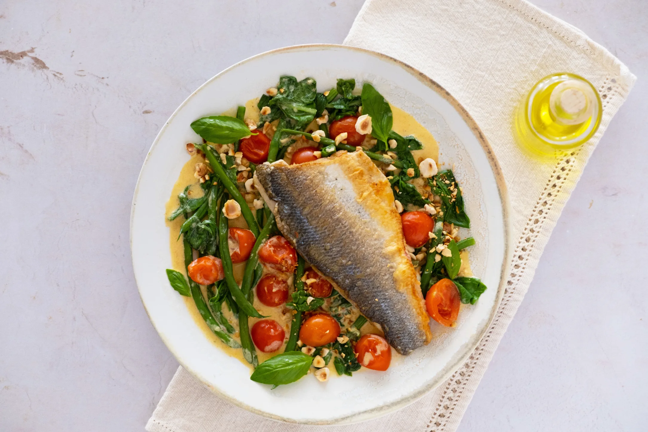 Seabream with Crunchy Hazelnuts, Green Beans and Cherry Tomatoes
