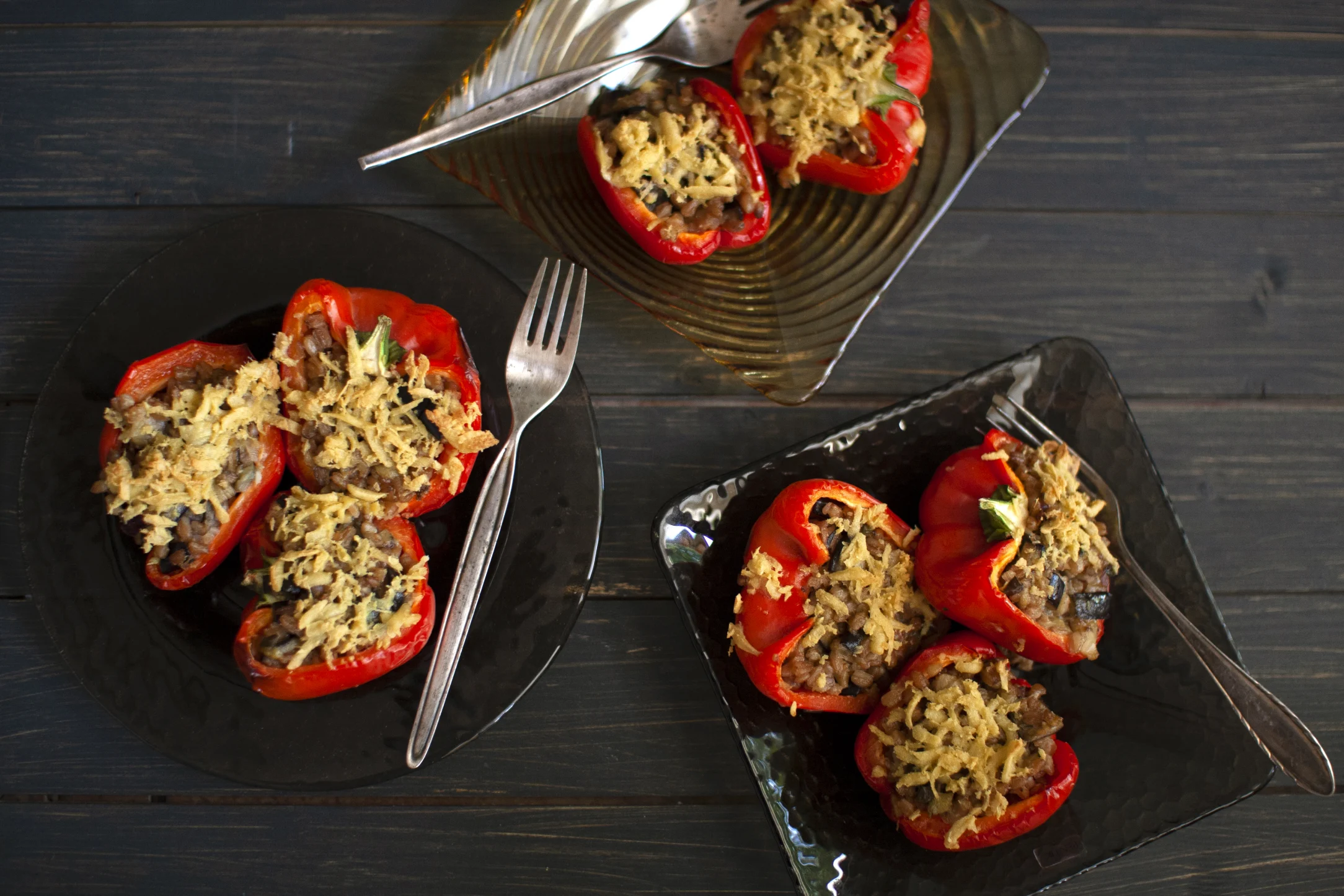 Farro and Eggplant Stuffed Peppers with Vegan Mozzarella