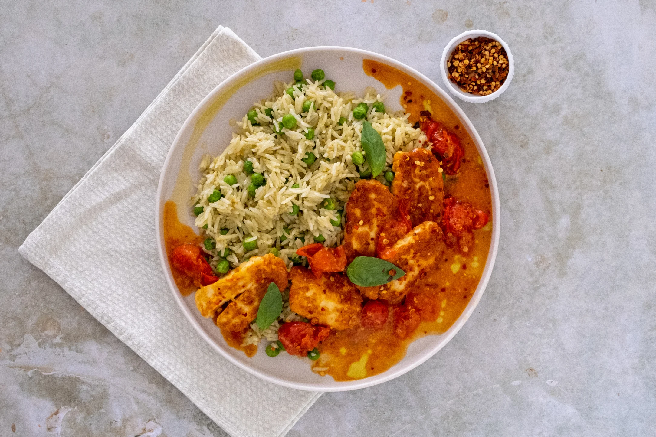 Garlic Chilli Halloumi over Pesto Rice