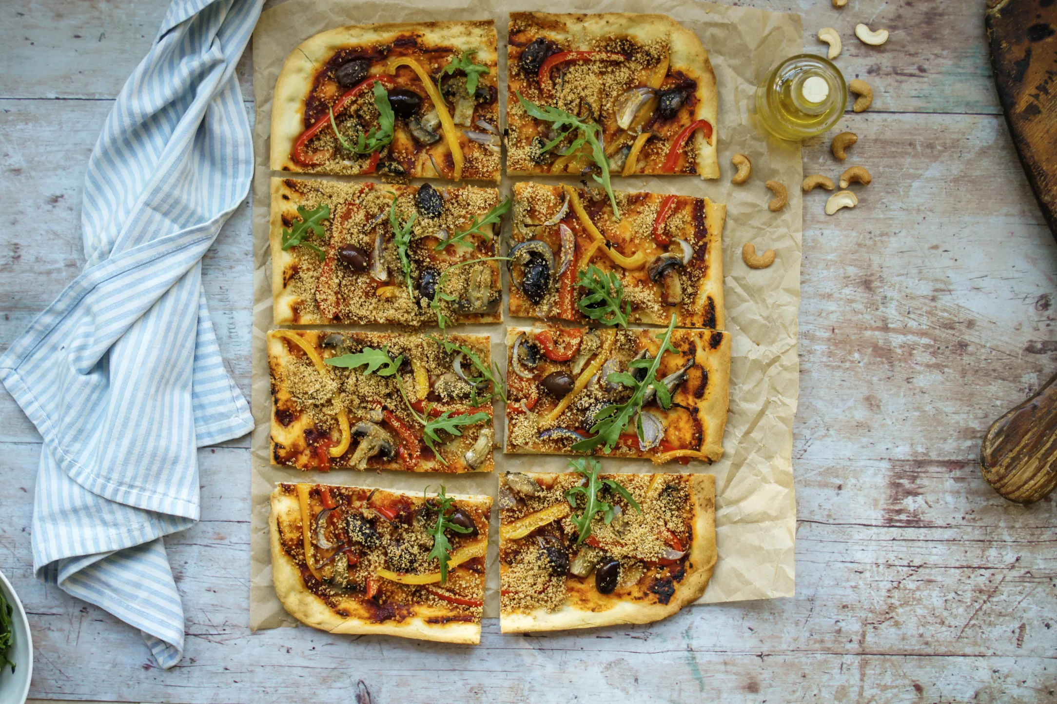 Home-Made Pizza with Peppers, Mushrooms and Cashew Parmesan