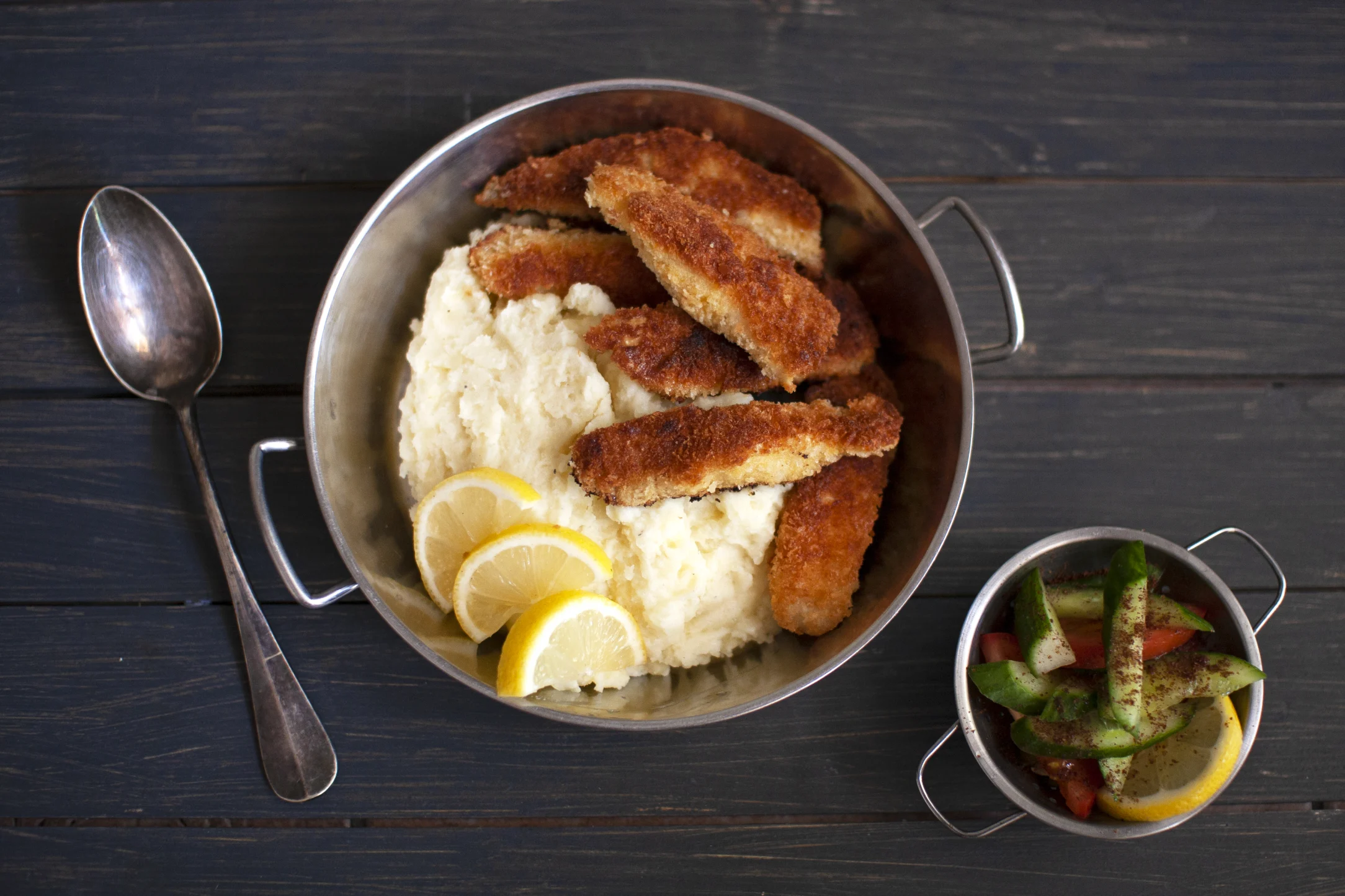Homemade Fish Fingers with Mashed Potatoes and Lemony Salad