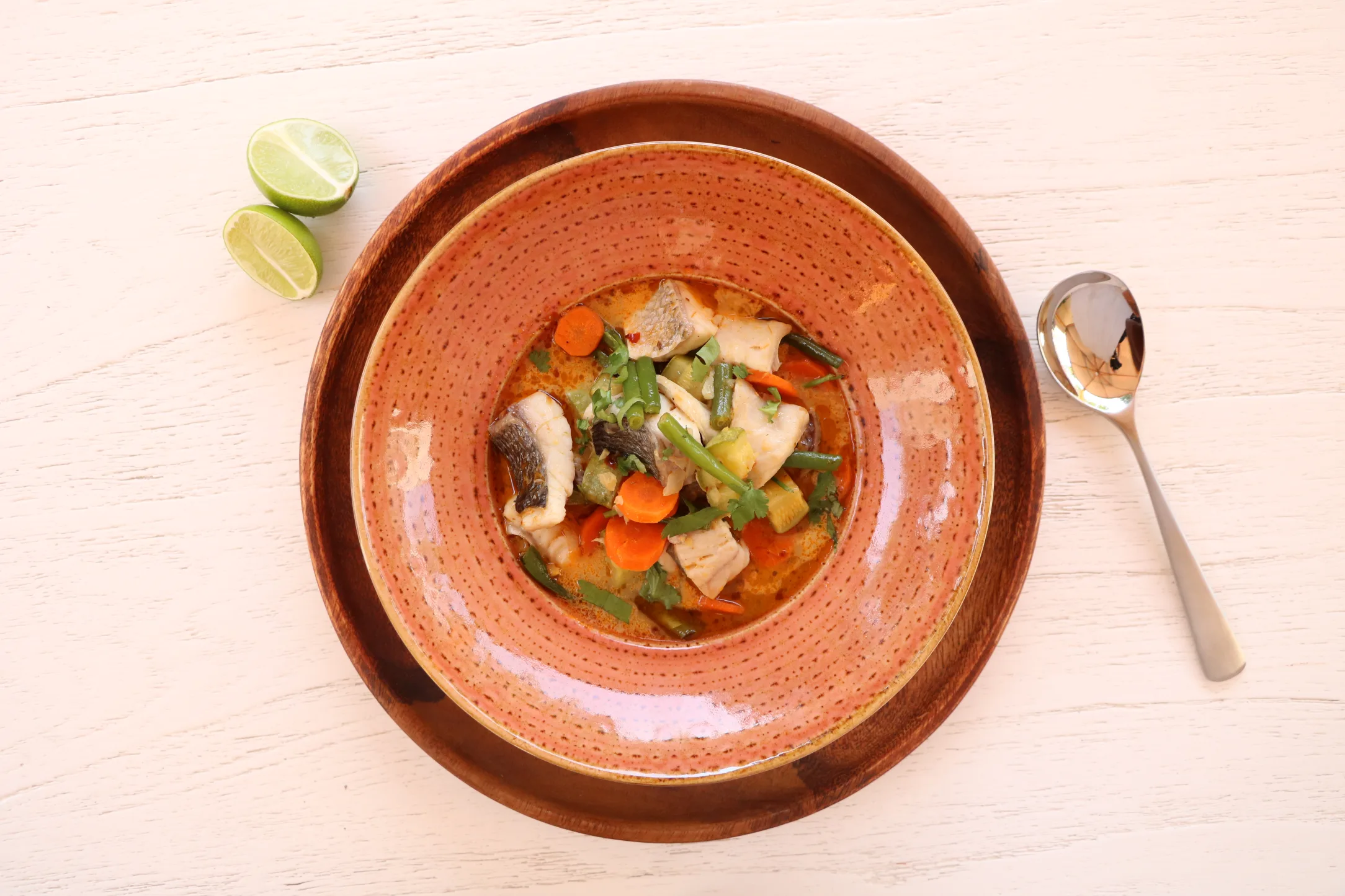 Red Curry Fish Soup with Honey and Kaffir Lime Leaves