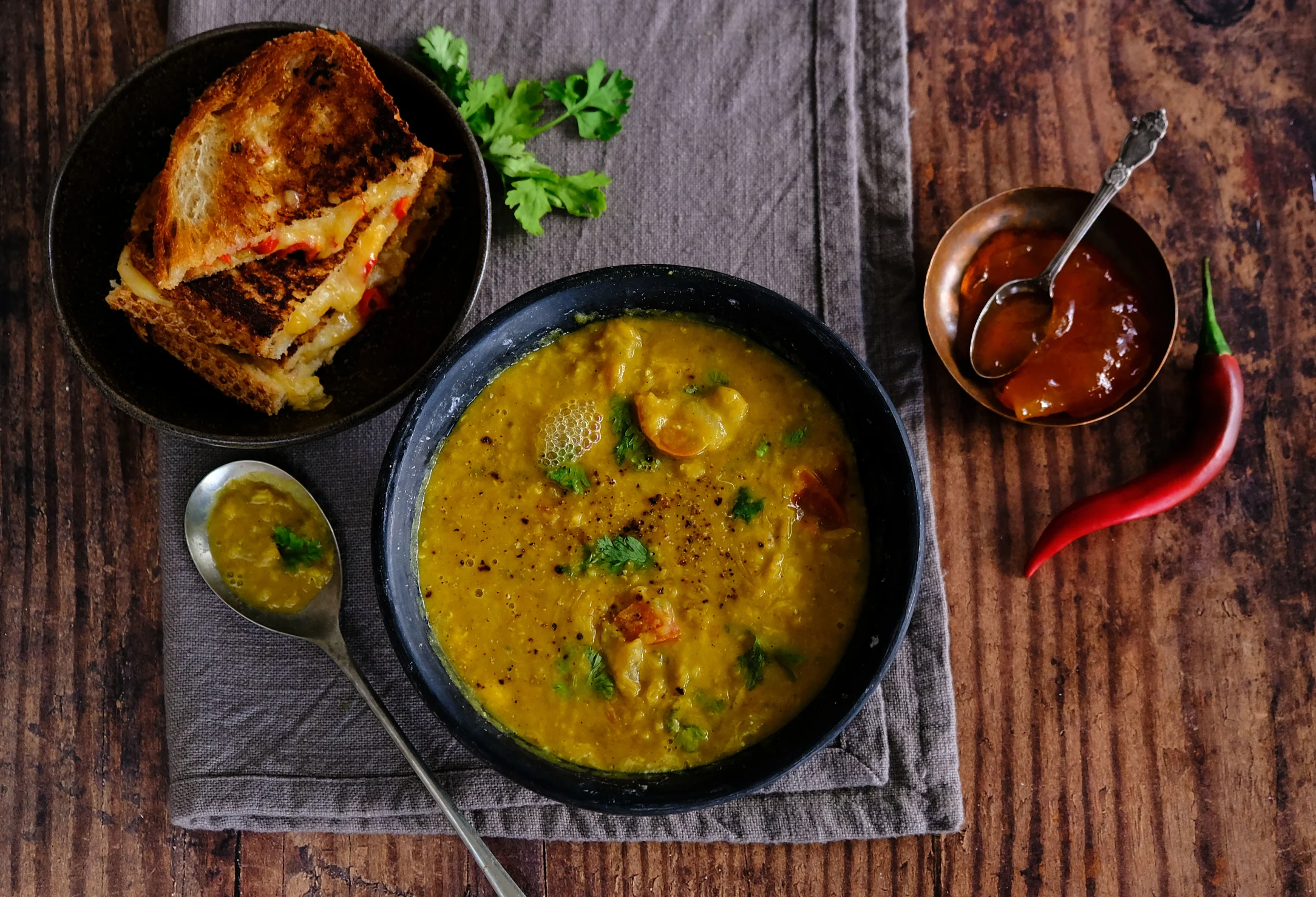 Red Lentil Dal Soup with Mango Chutney Toasties