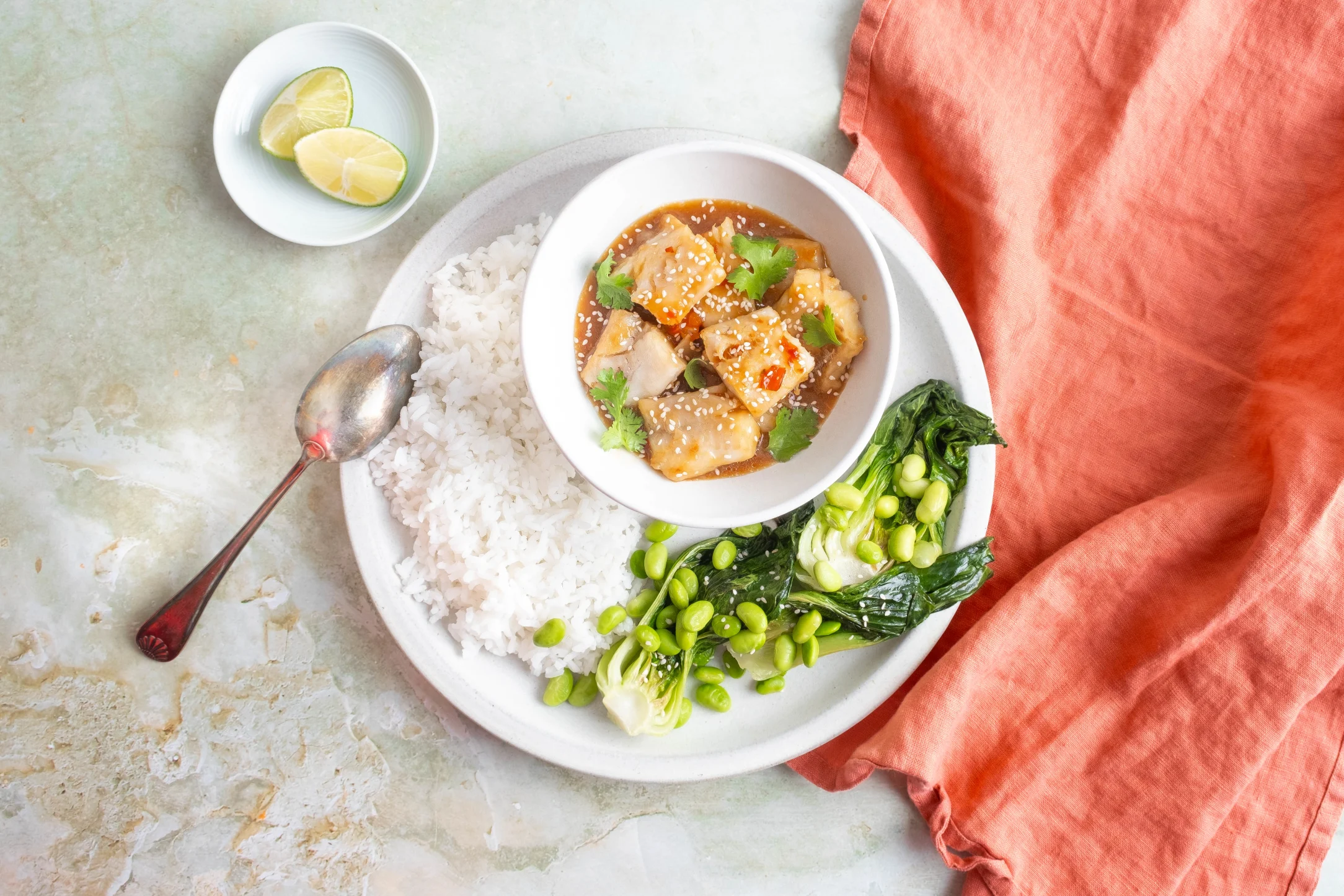Spicy Chilli Lime Pollock with Pak Choi, Edamame Beans and Jasmine Rice
