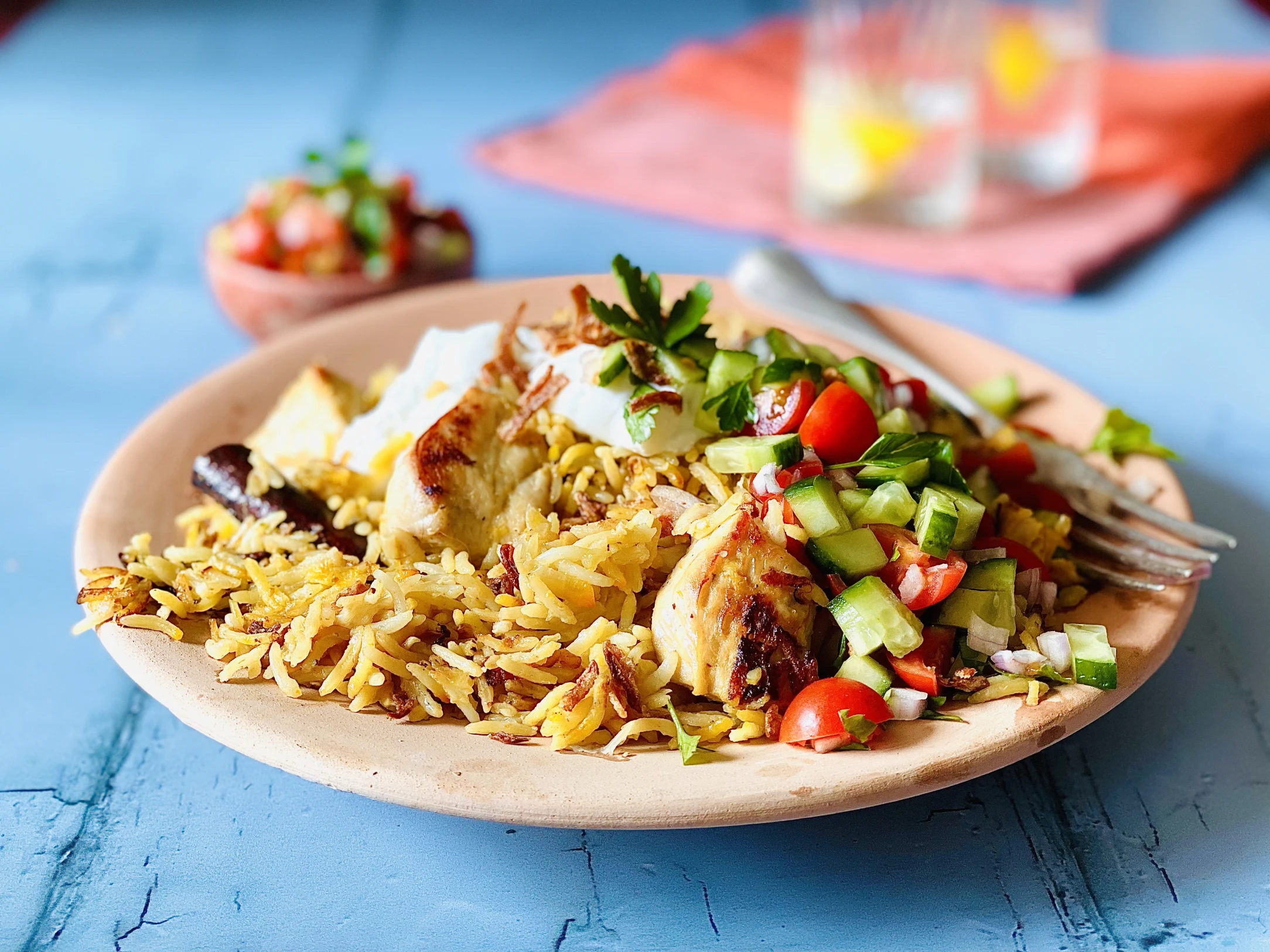 Chicken and Saffron Pilaf with Shirazi Salad