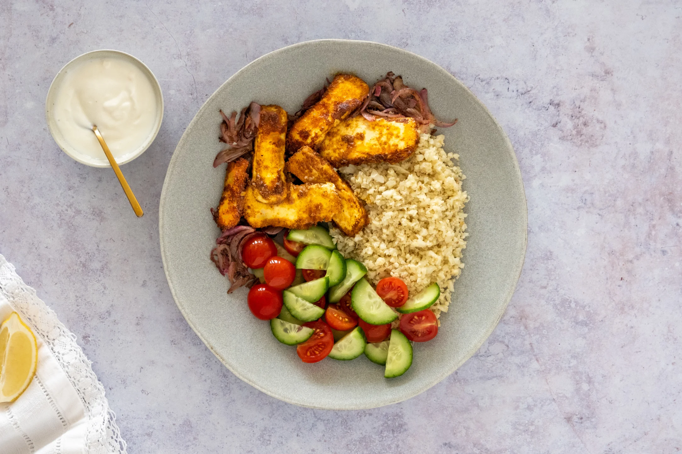 Shawarma Spiced Halloumi with Cauliflower Rice and Garlic Yogurt Sauce
