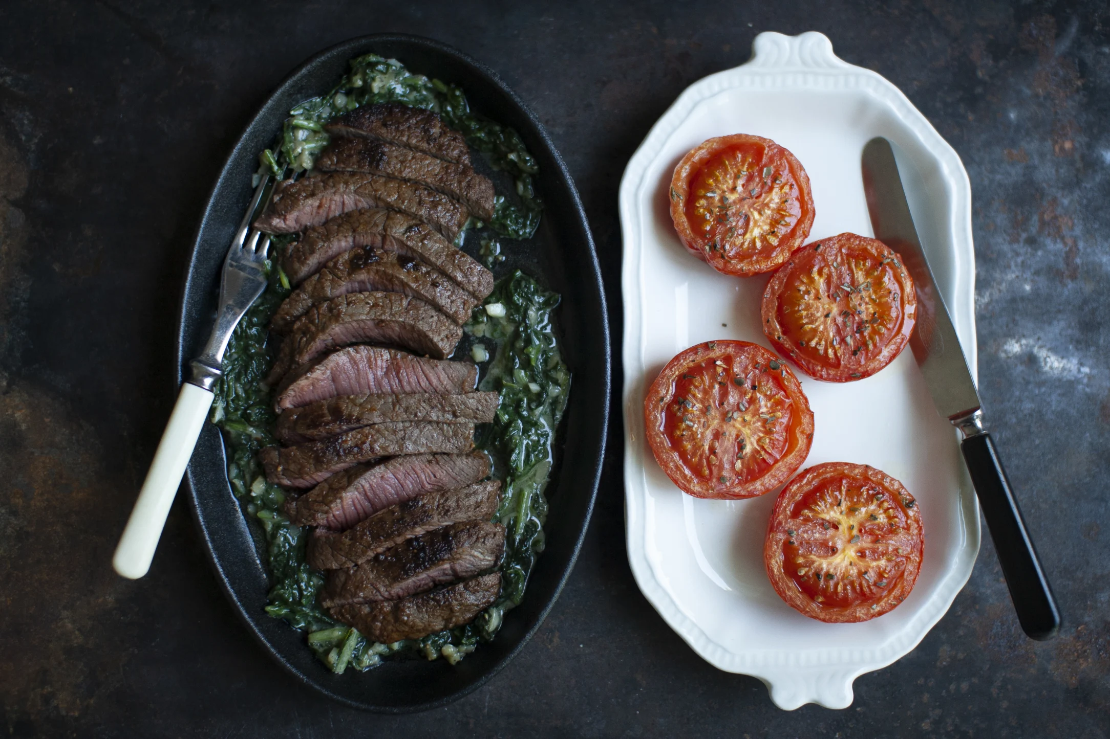 Steak with Creamed Spinach and Baked Tomatoes