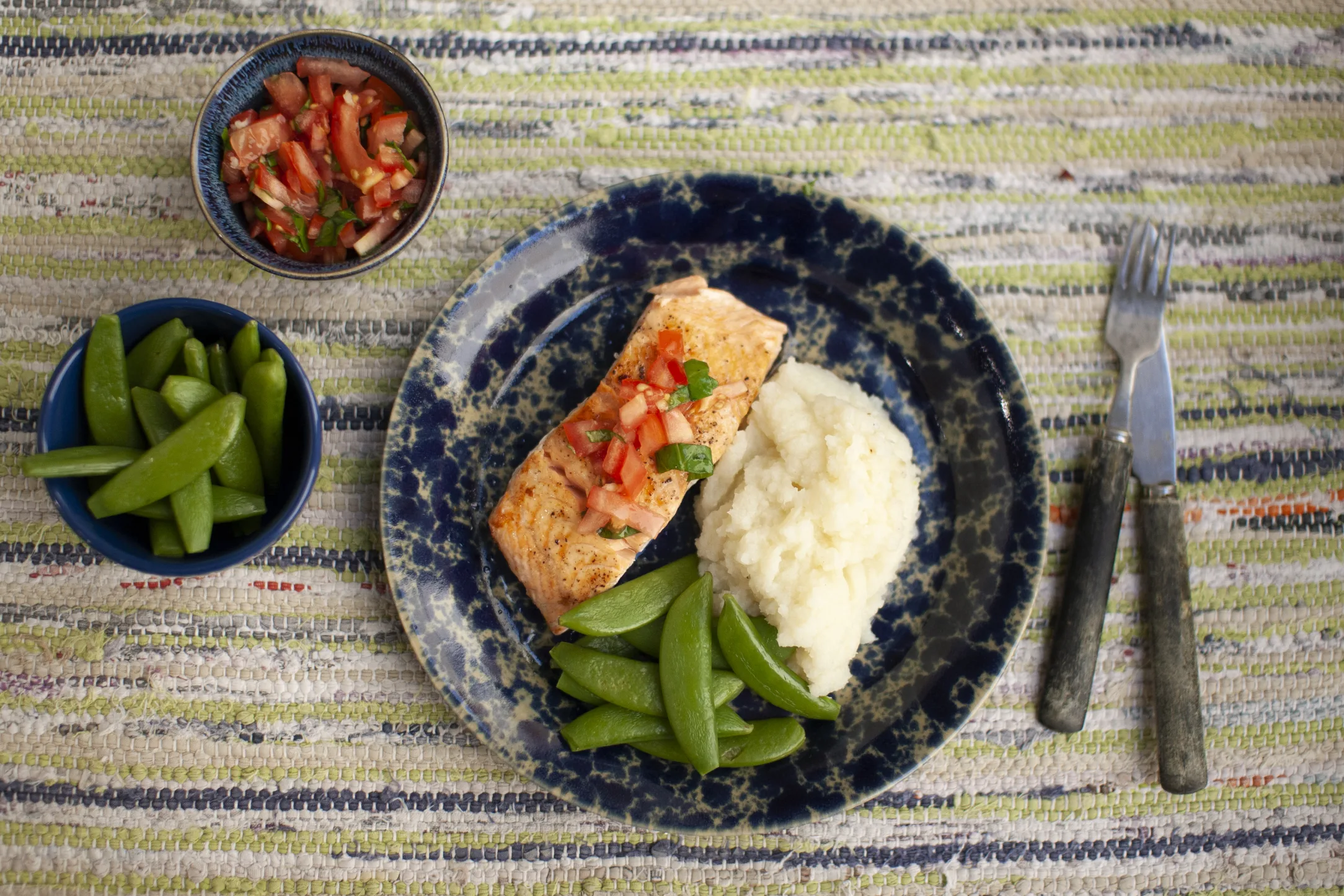Fried Salmon with Cauliflower Mash and Sugar Snap Peas