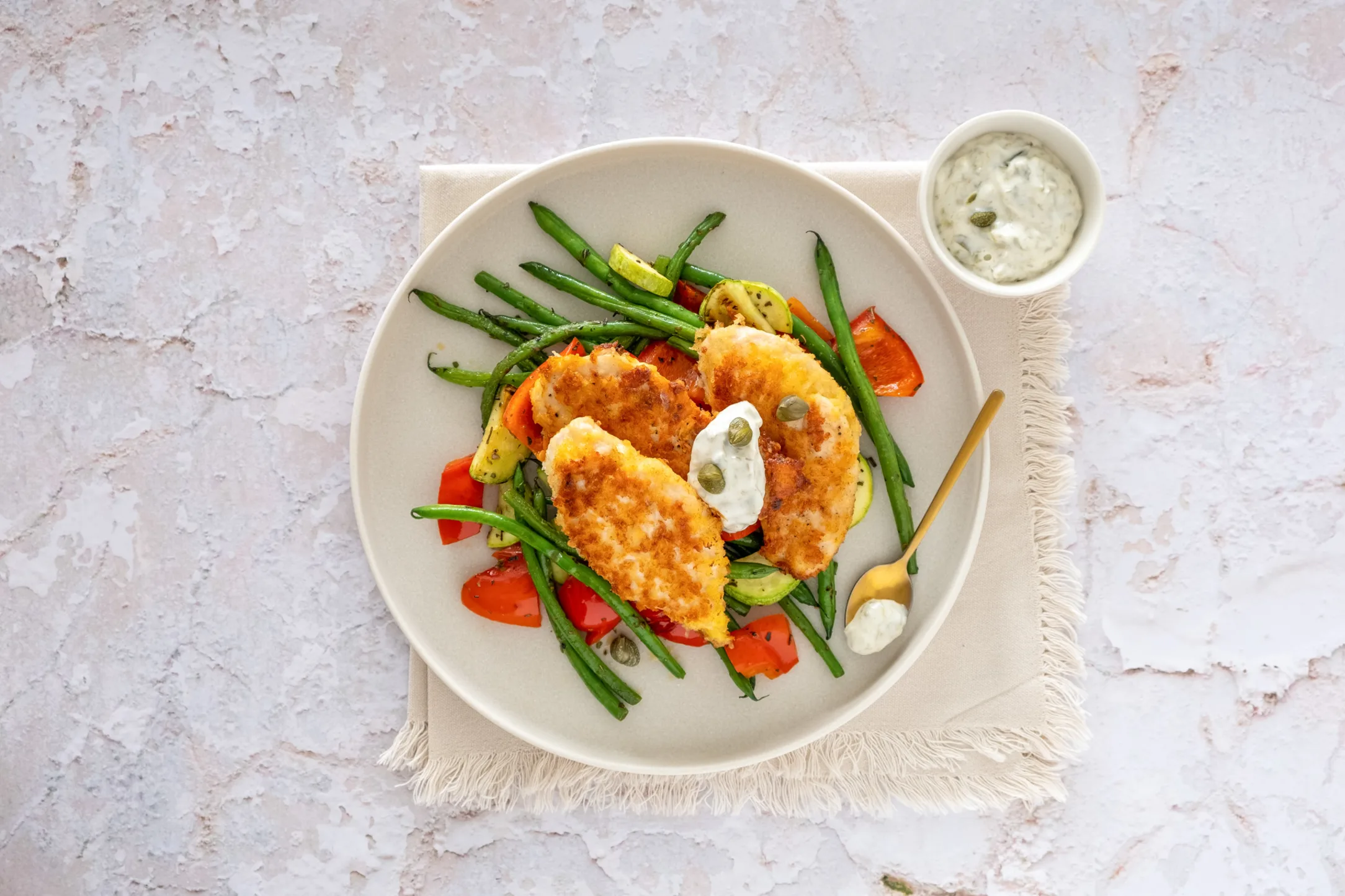 Crispy Parmesan Chicken with Vegetables and Caper Mayo