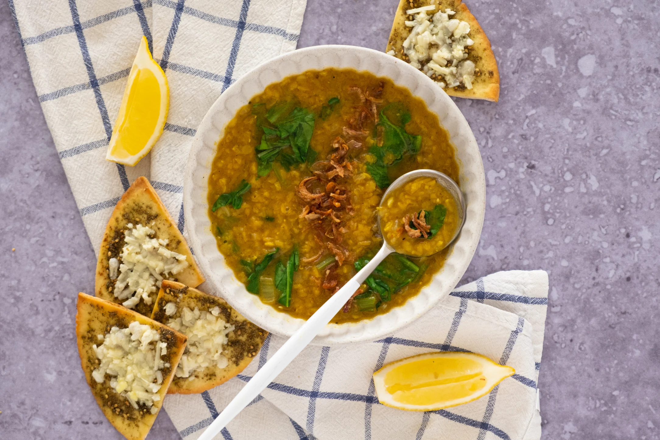 Lebanese Lentil Soup with Cheesy Zaatar Flatbreads
