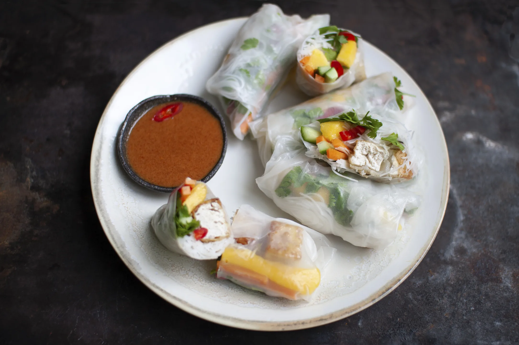 Mango and Tofu Summer Rolls with Peanut Butter Dip
