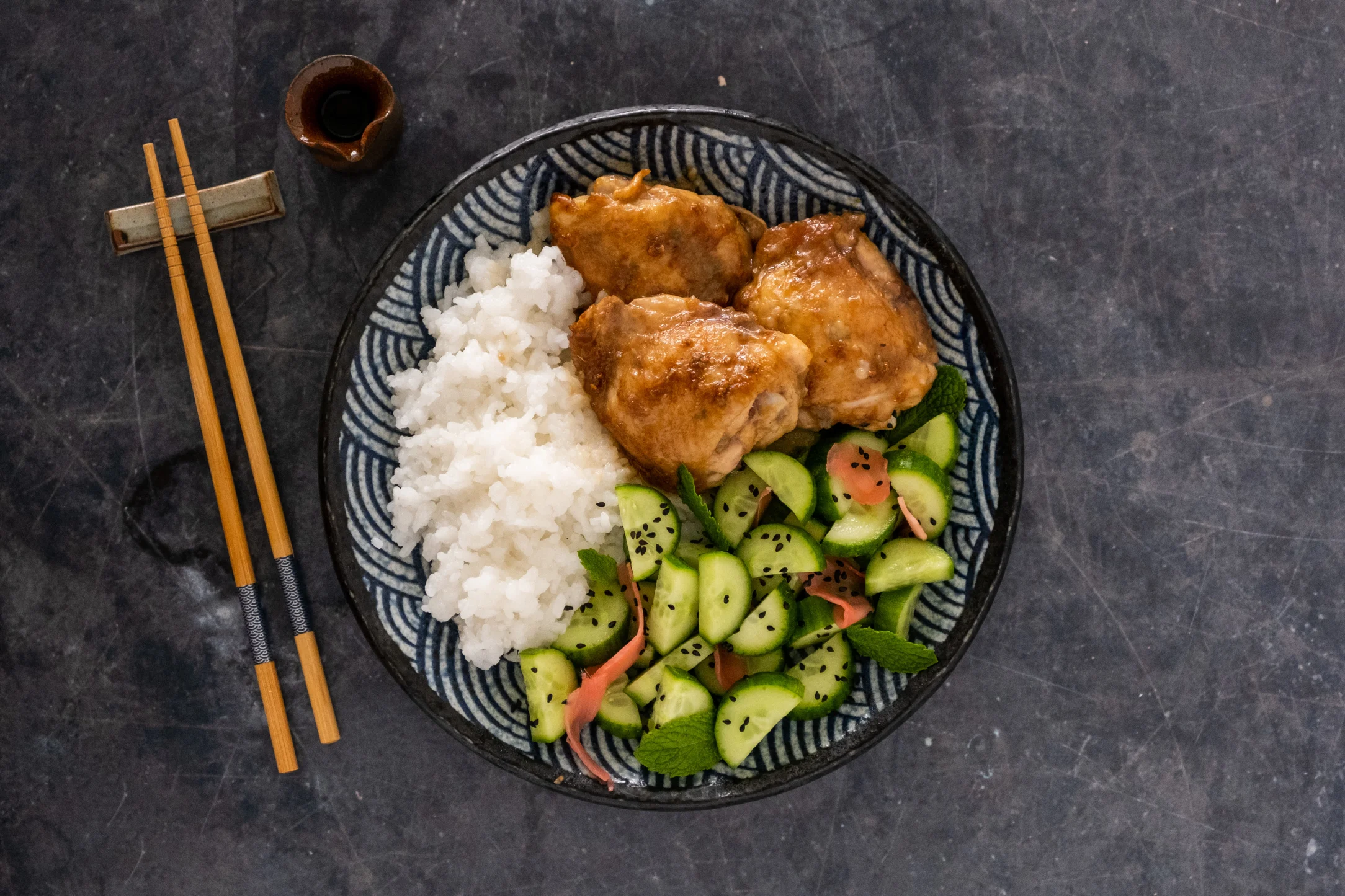 Japanese Chicken Thighs with Sushi Rice and Cucumber Salad