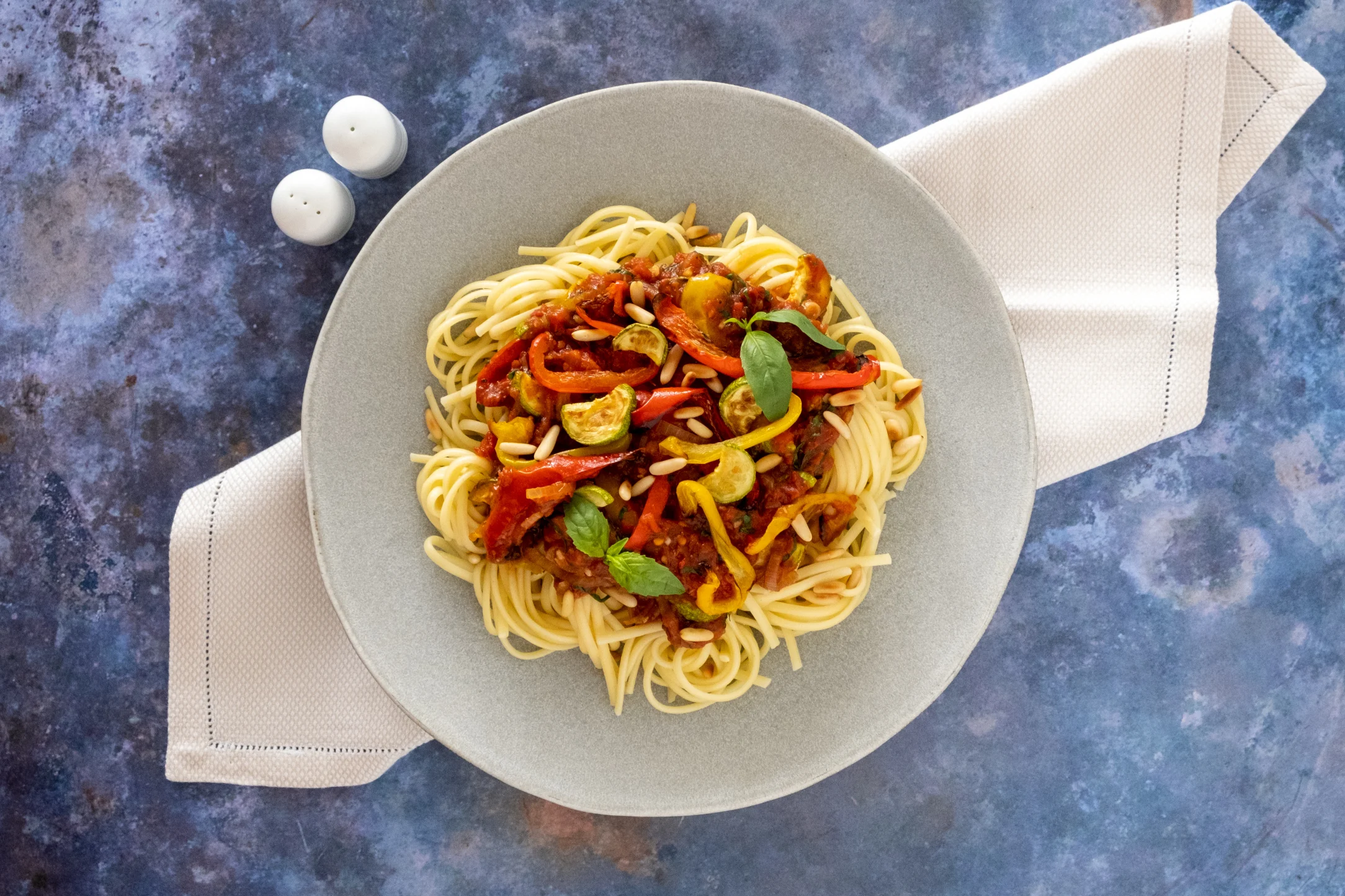 Roasted Mediterranean Vegetable Linguine with Pine Nuts