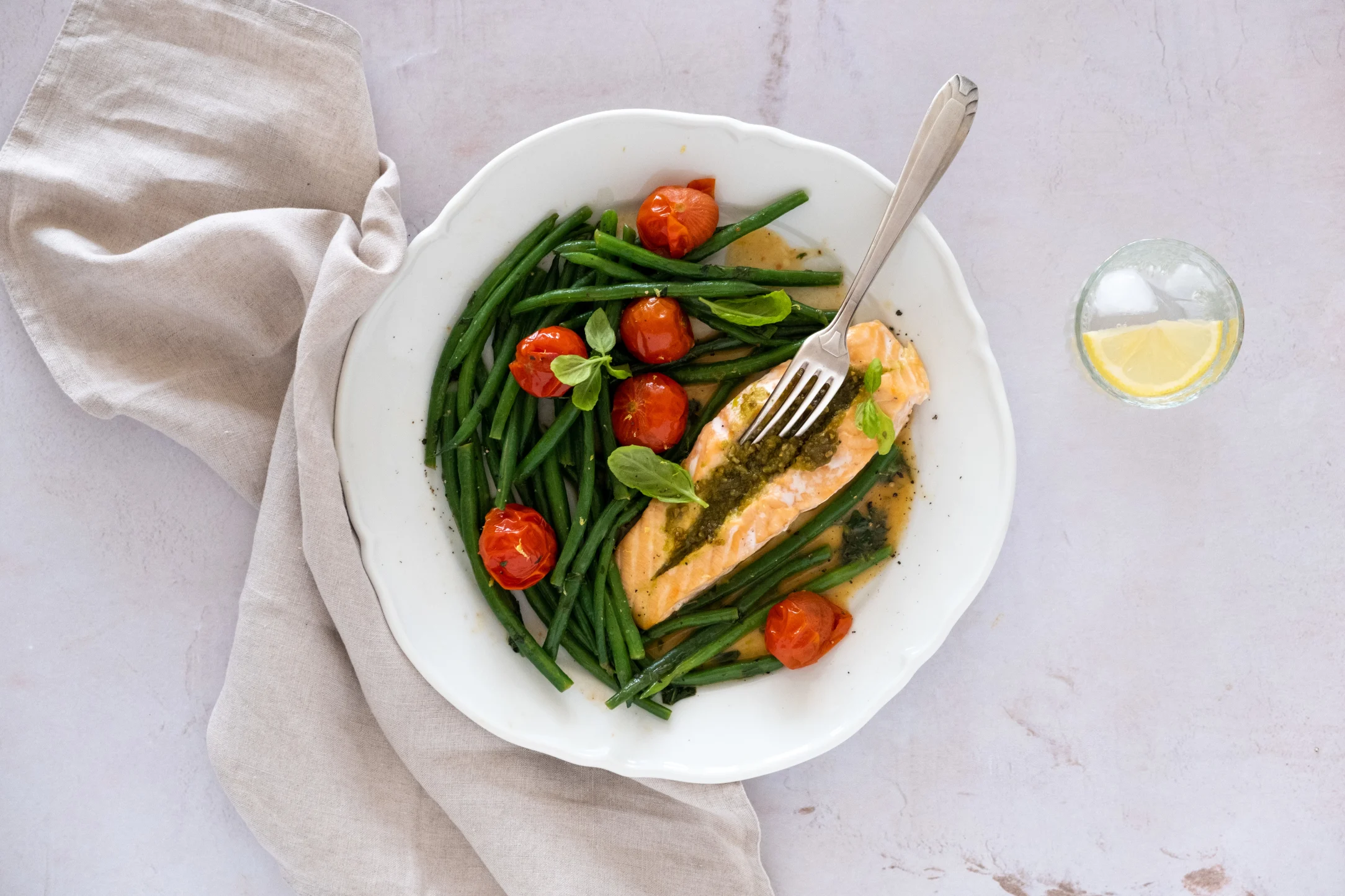 Green Pesto Salmon in Lemon Butter Sauce with Green Beans and Tomatoes