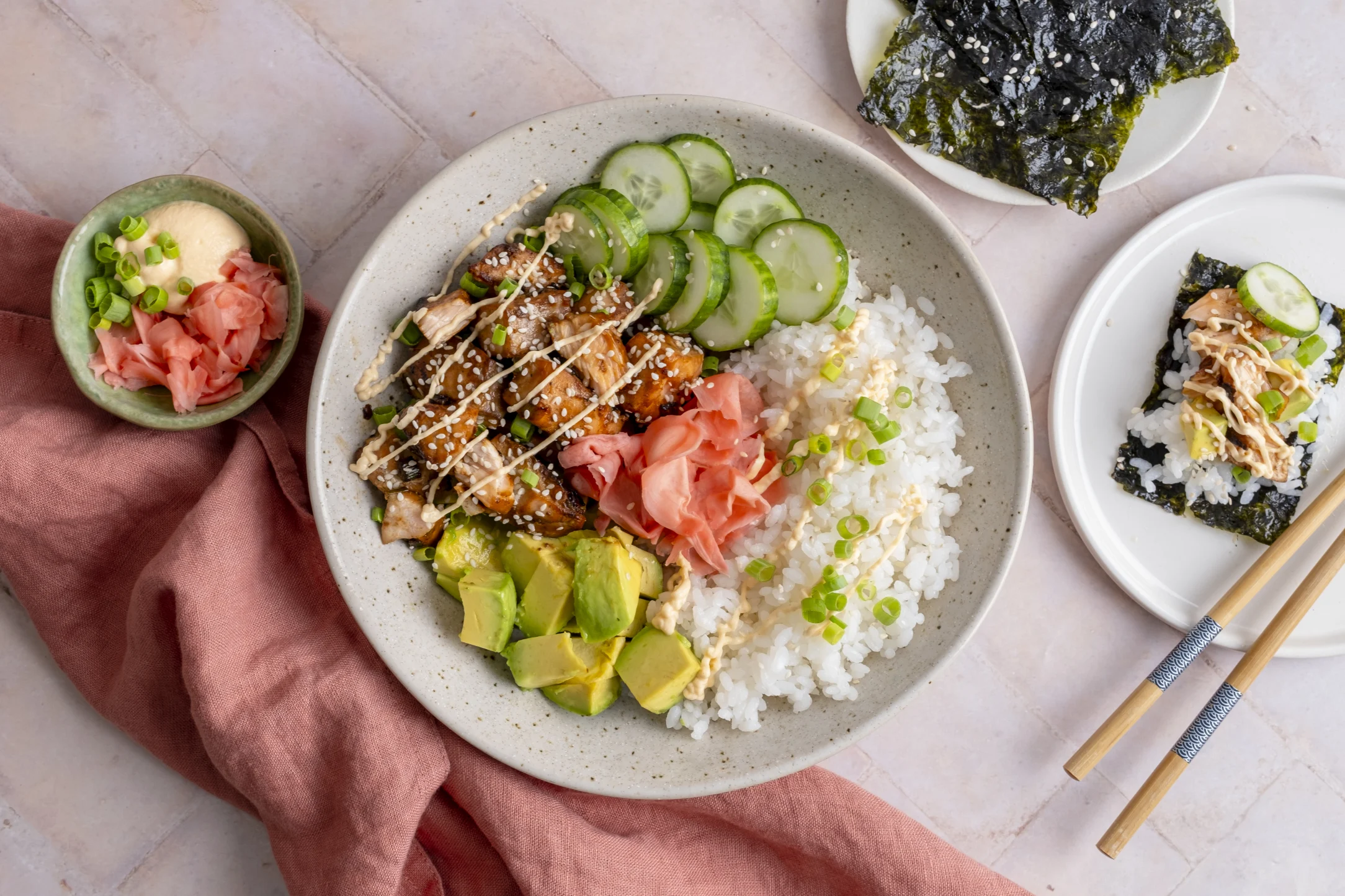 Salmon Sushi and Avocado Bowl with Nori Sheets and Sriracha Cream Cheese