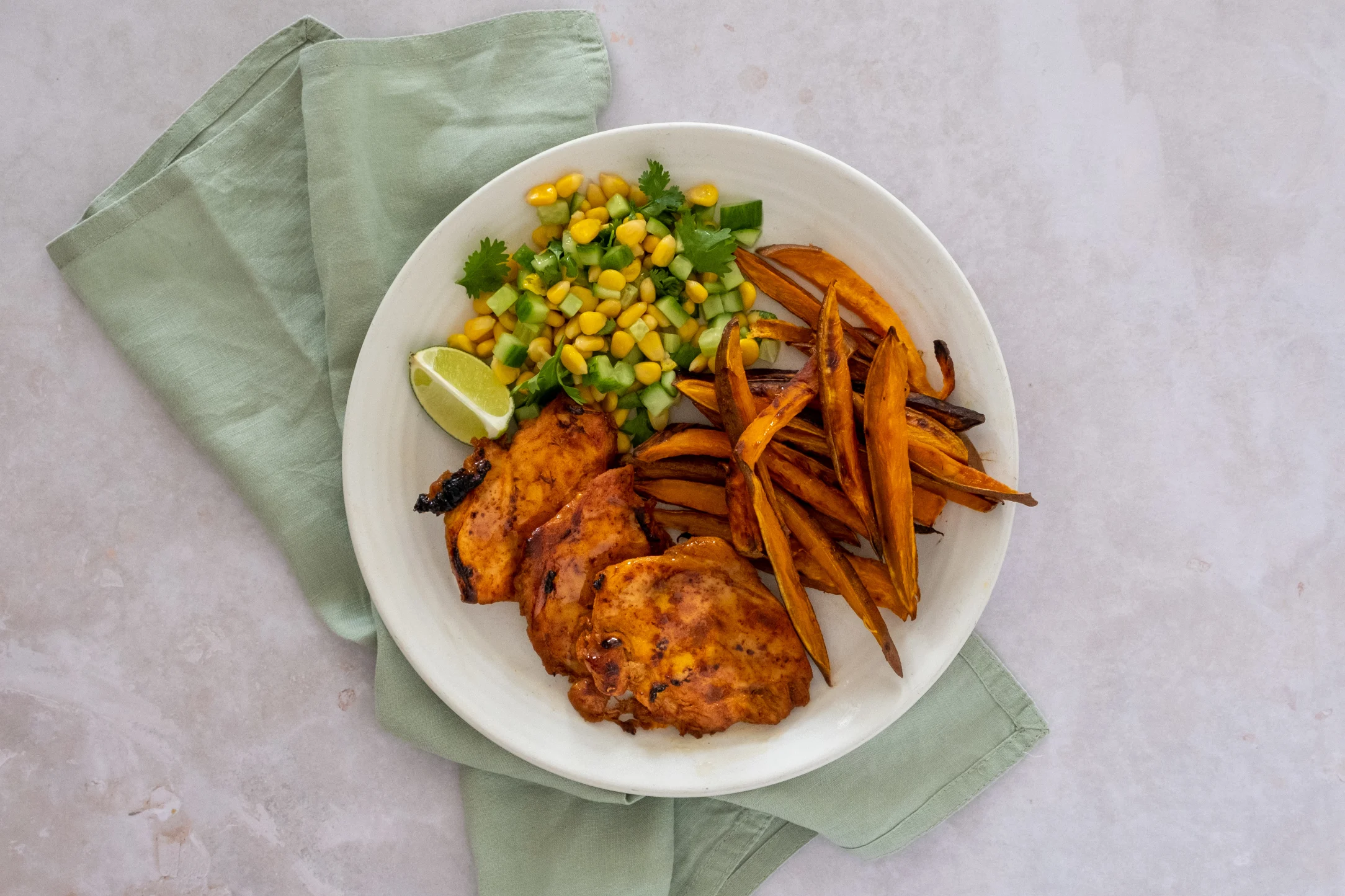 Peri-Peri Chicken with Sweet Potato Fries and a Cucumber and Corn Salsa