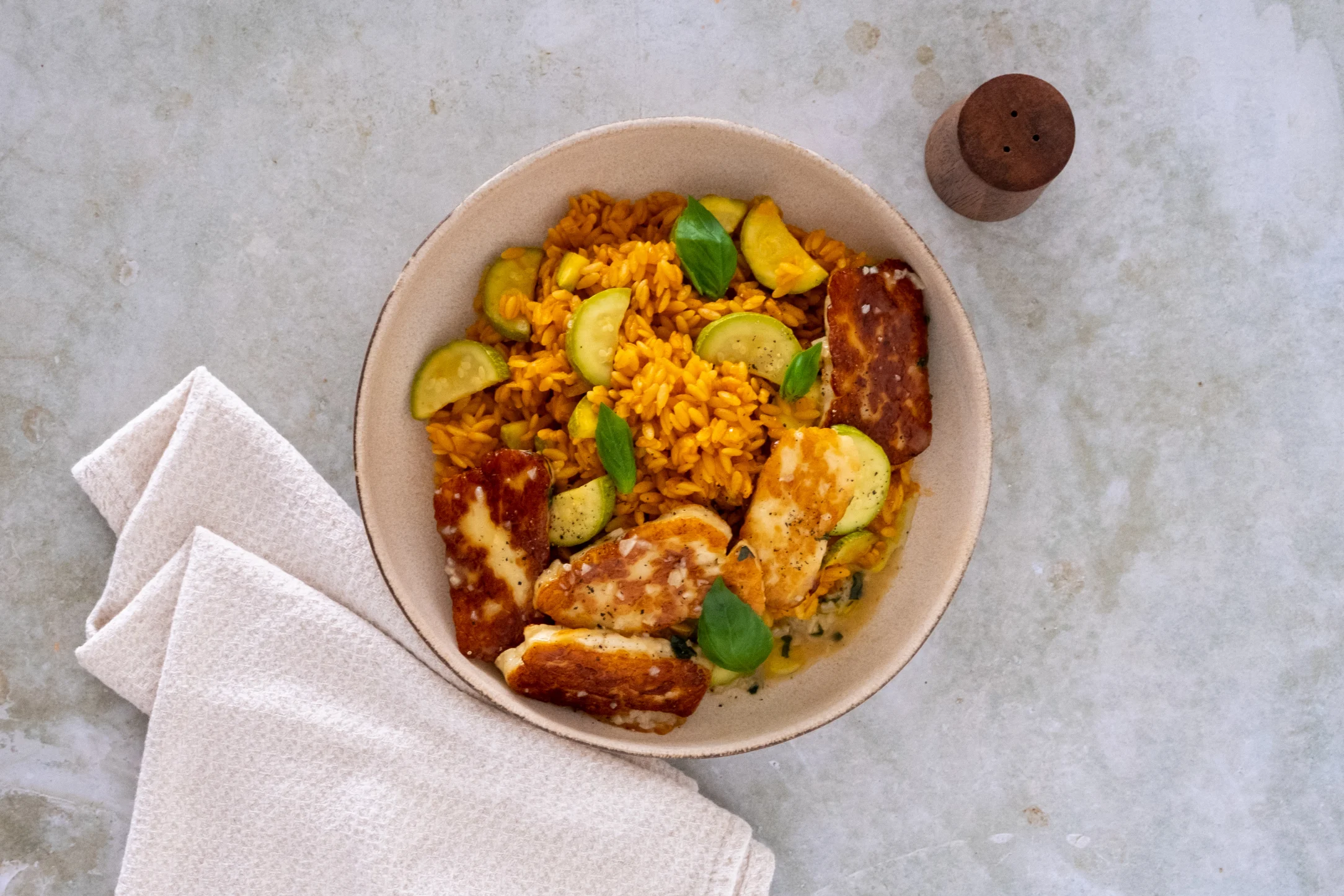 Mediterranean Lemon Garlic Halloumi with Creamy Tomato Parmesan Orzo