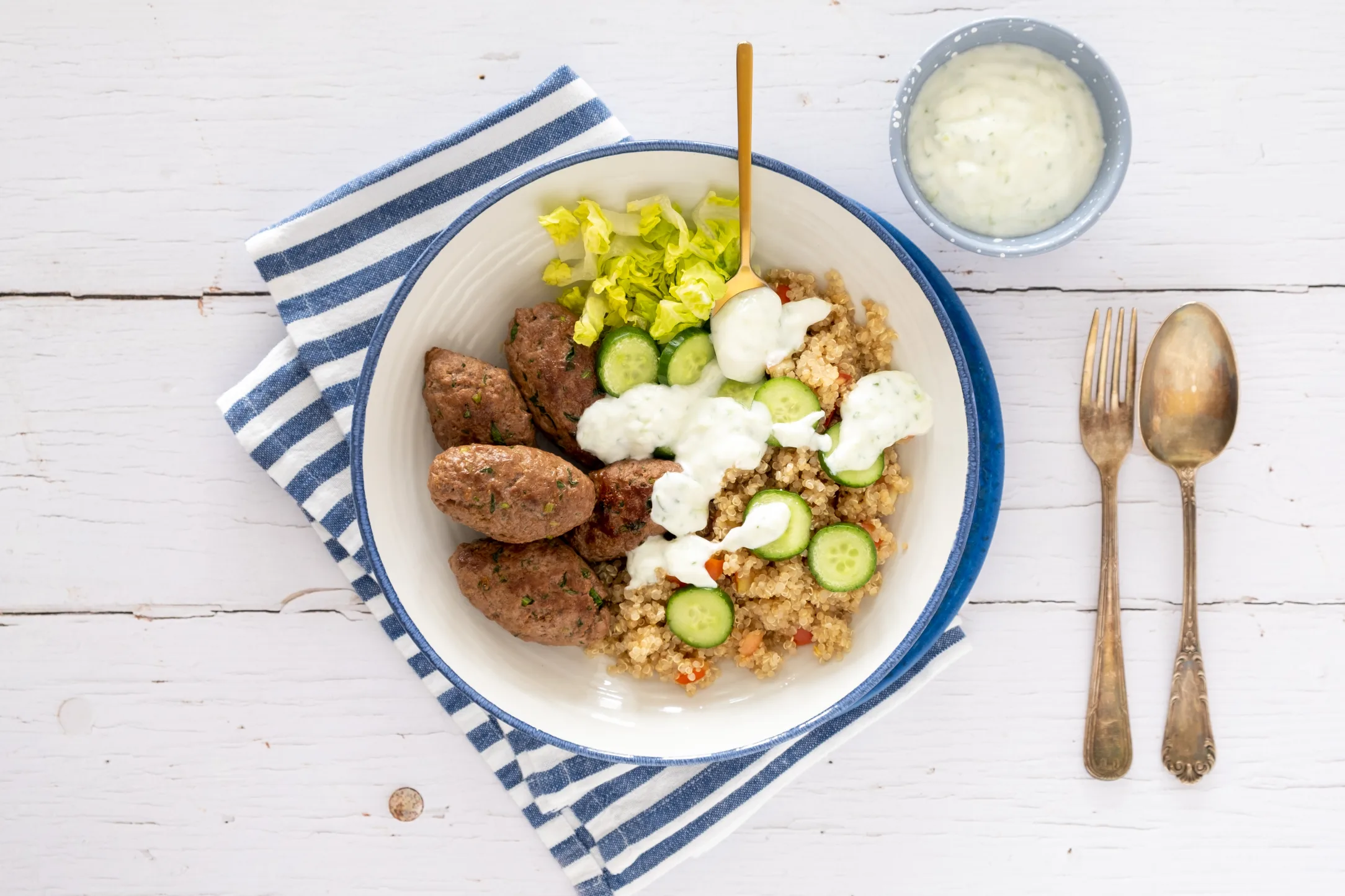 Greek Beef Kofta and Quinoa Bowl with Tzatziki