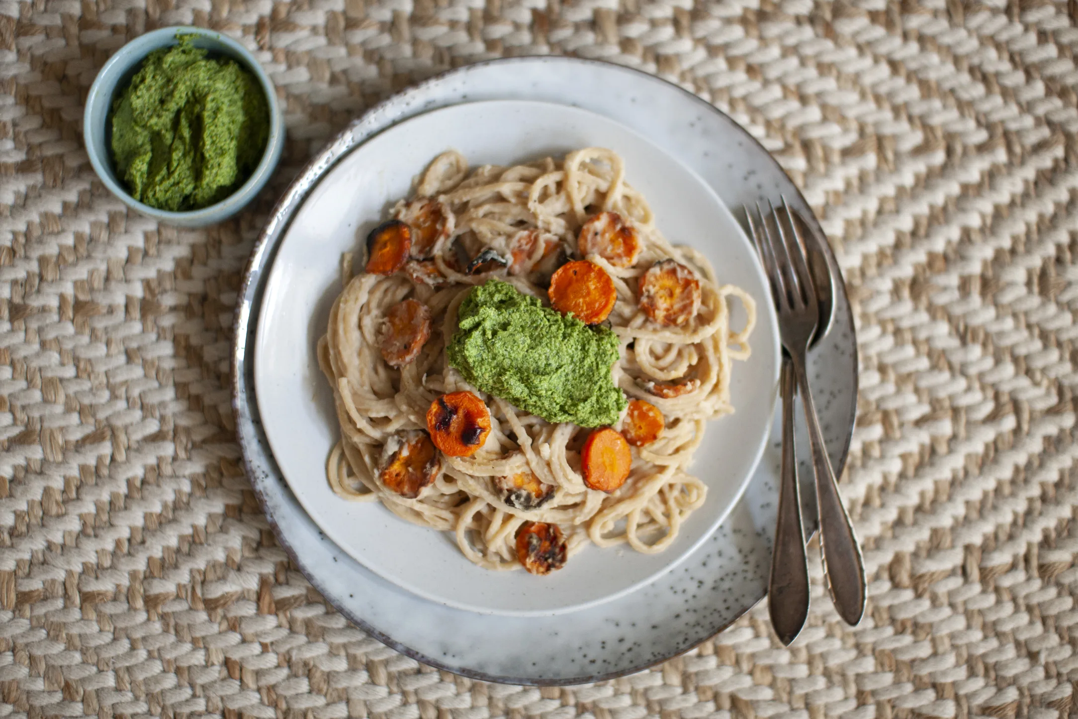 White Bean Garlic Fredo with Whole Wheat Spaghetti topped with Kale and Basil Pesto