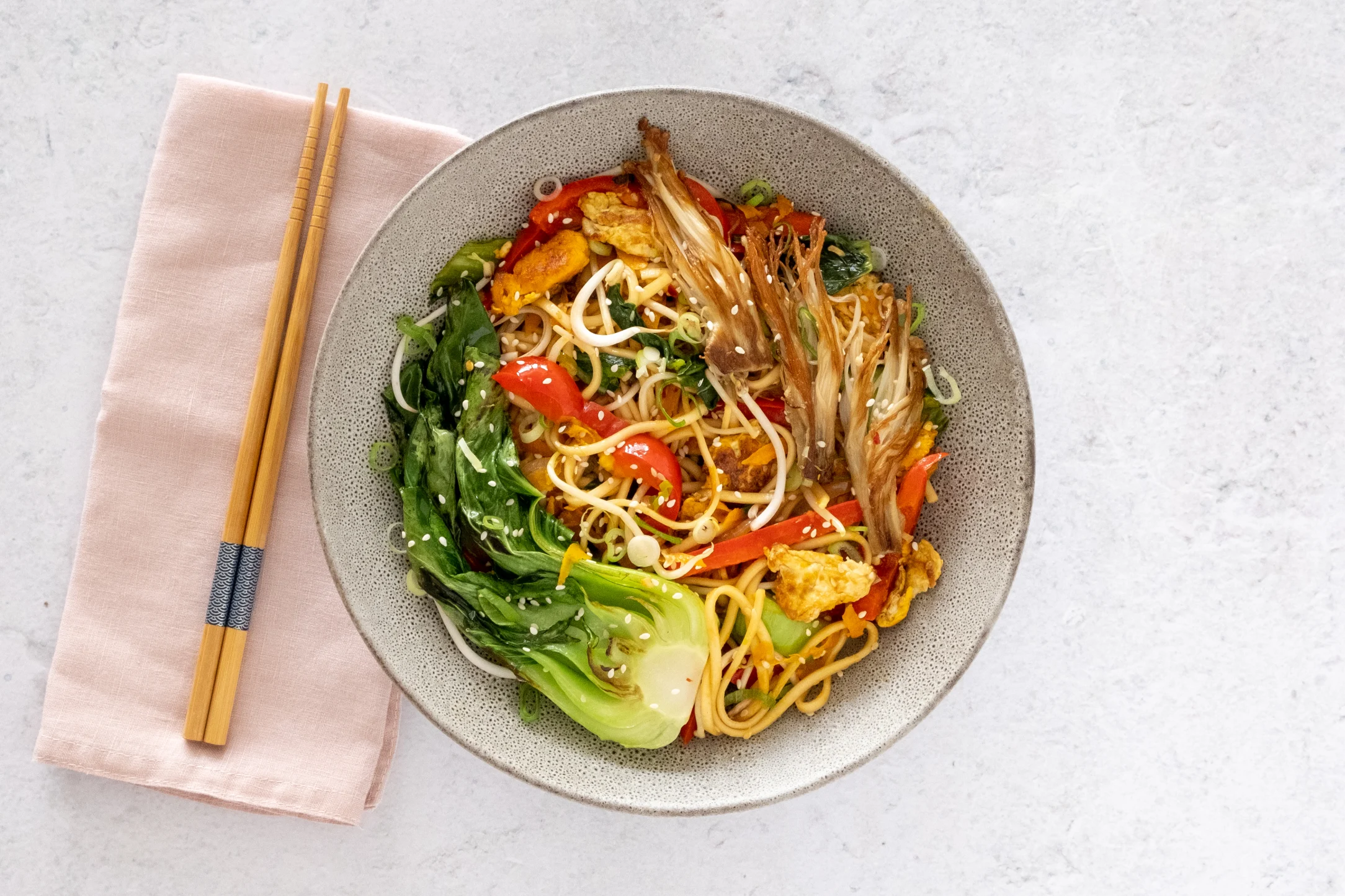 Egg Chow Mein with Bean Sprouts and Pak Choi